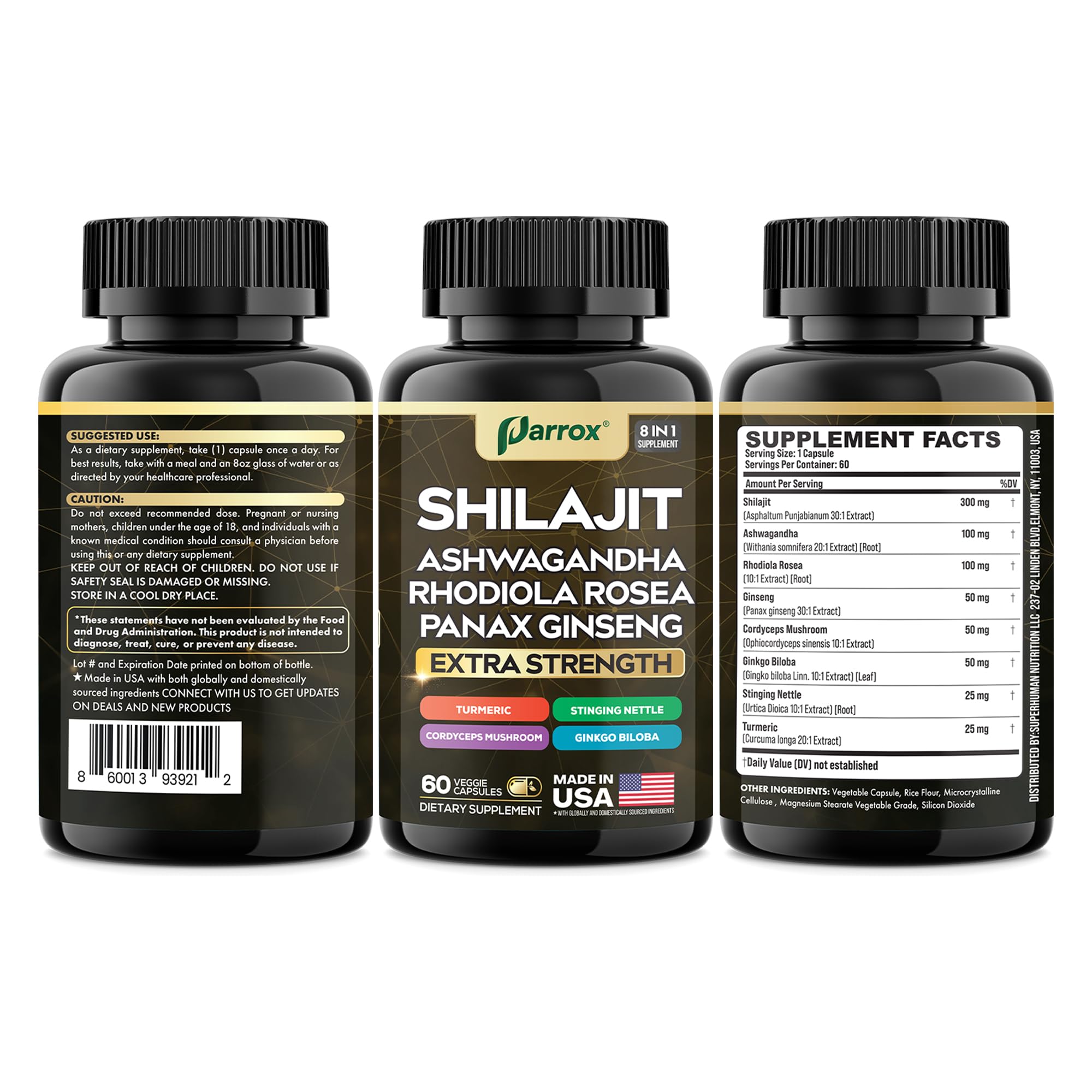 Parrox Shilajit 8-in-1 Supplement Capsules with a glass of water