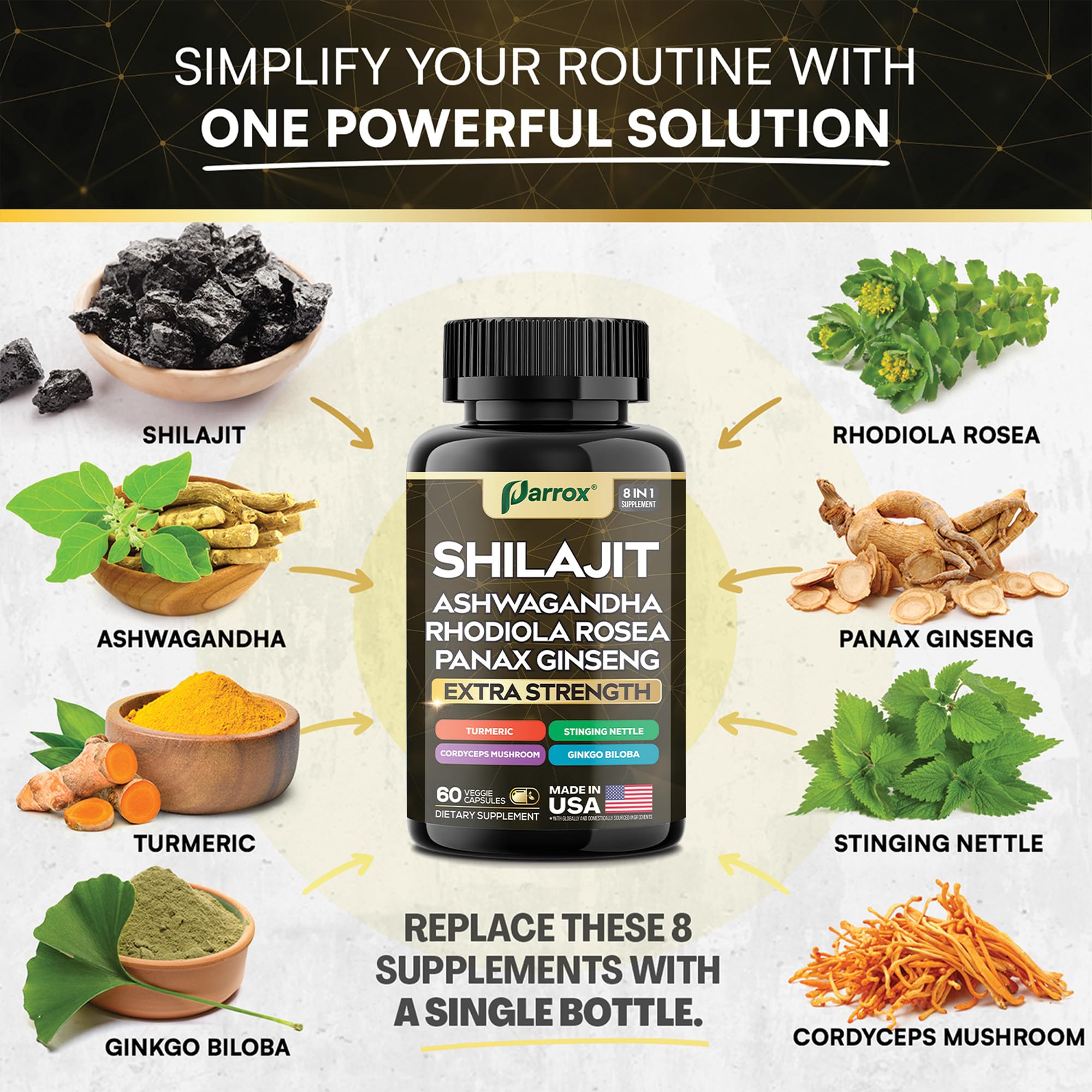 Parrox Shilajit 8-in-1 Supplement Capsules with a measuring spoon