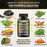 Parrox Shilajit 8-in-1 Supplement Capsules with a measuring spoon