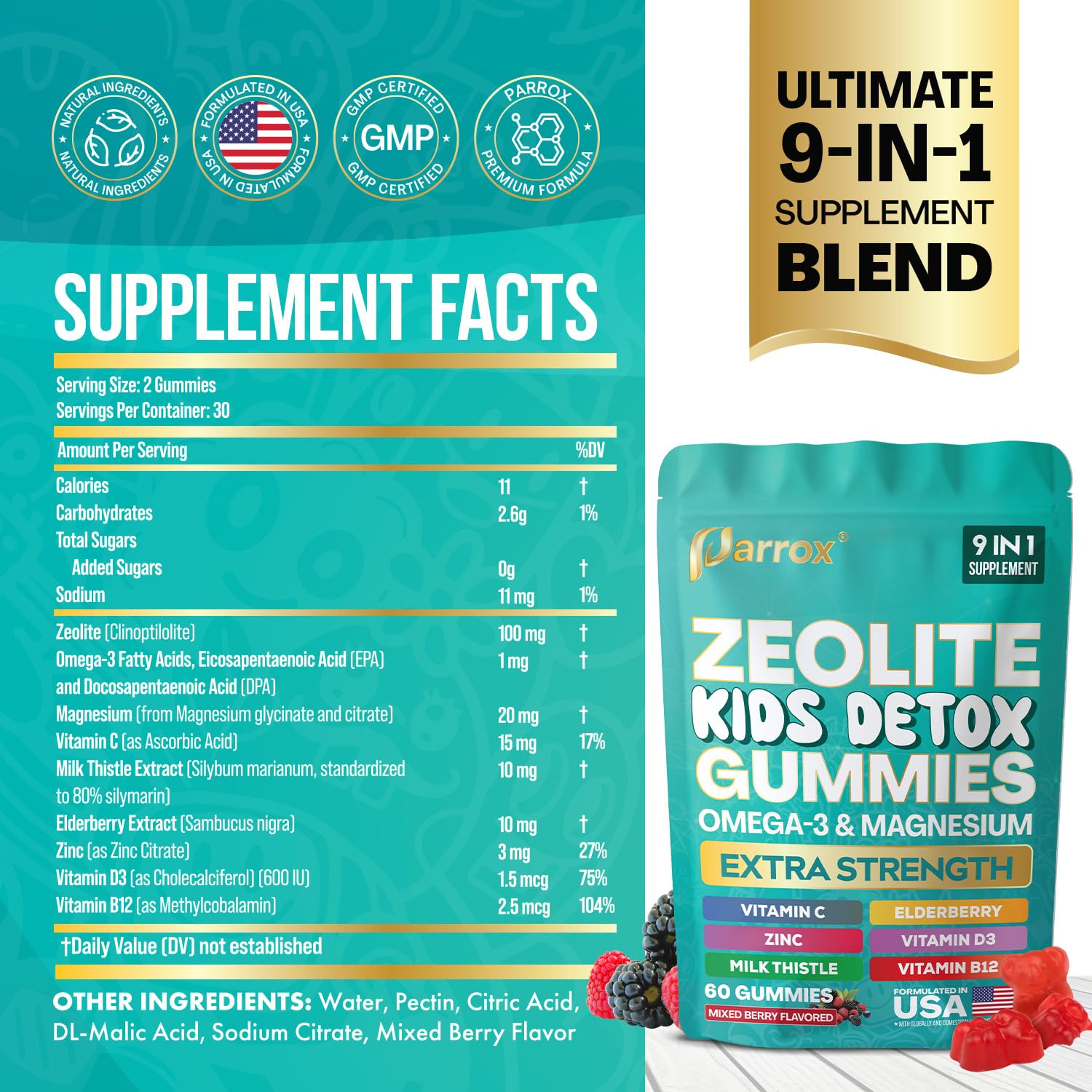 Parrox Zeolite Kids Gummies mixed berry flavour close-up