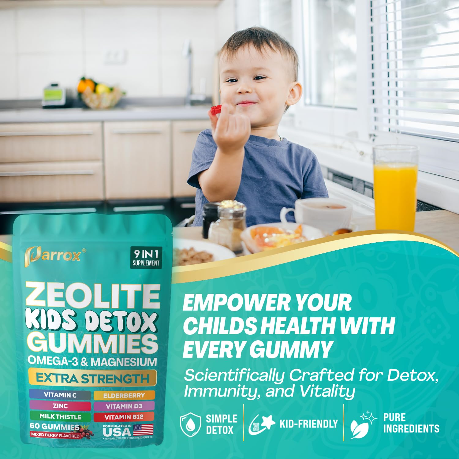Parrox Zeolite Kids Gummies on a kitchen counter