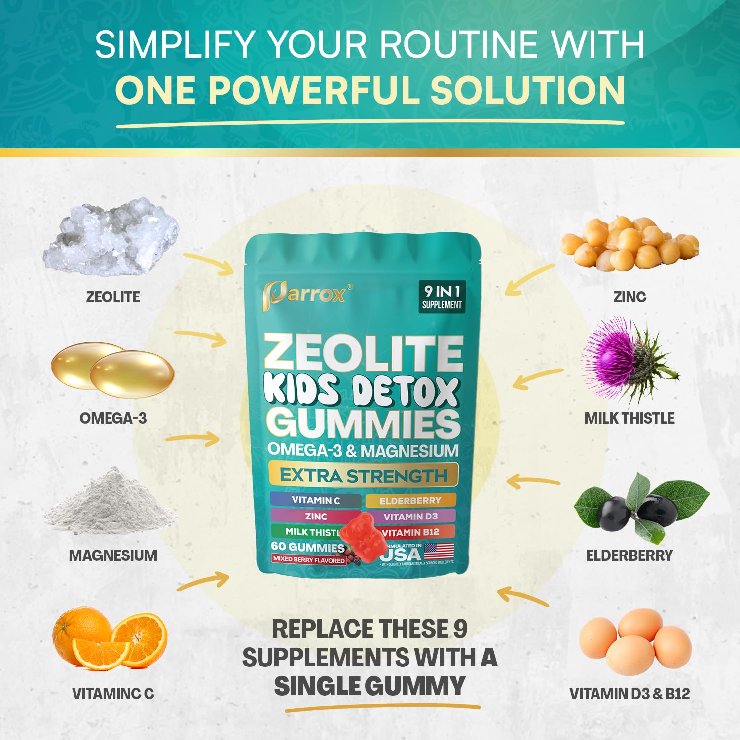 Parrox Zeolite Kids Gummies with a mixed berry background