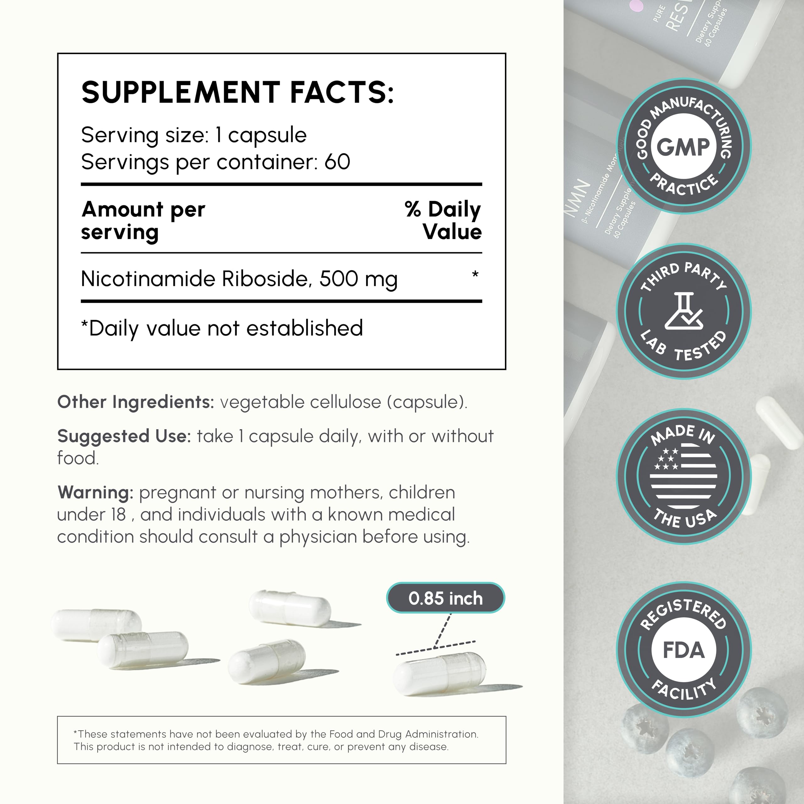 partiQlar Nicotinamide Riboside capsules on a wooden surface