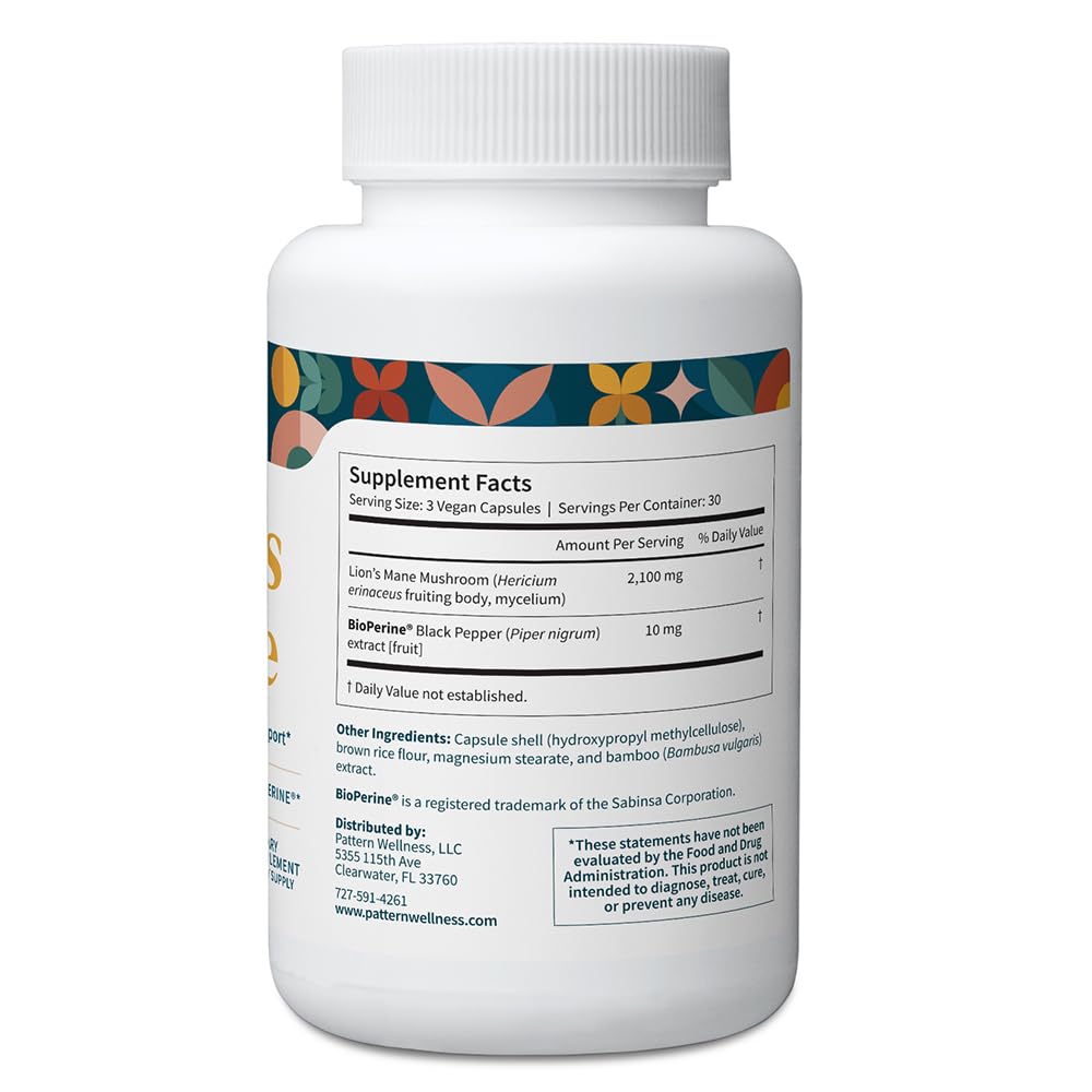 Pattern Wellness Lion's Mane Mushroom Capsules with dosage information