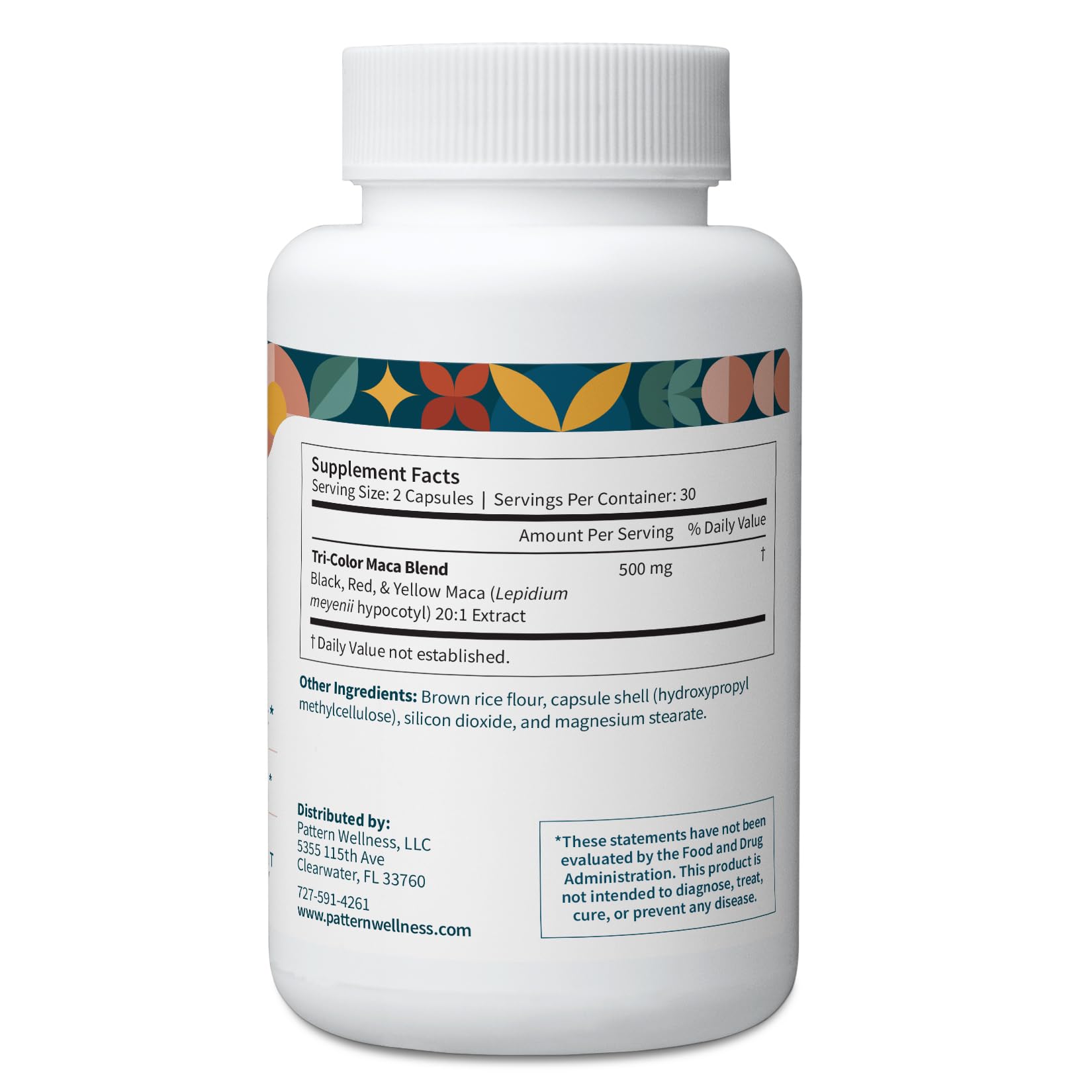 Pattern Wellness Maca Root Capsules back label with ingredients