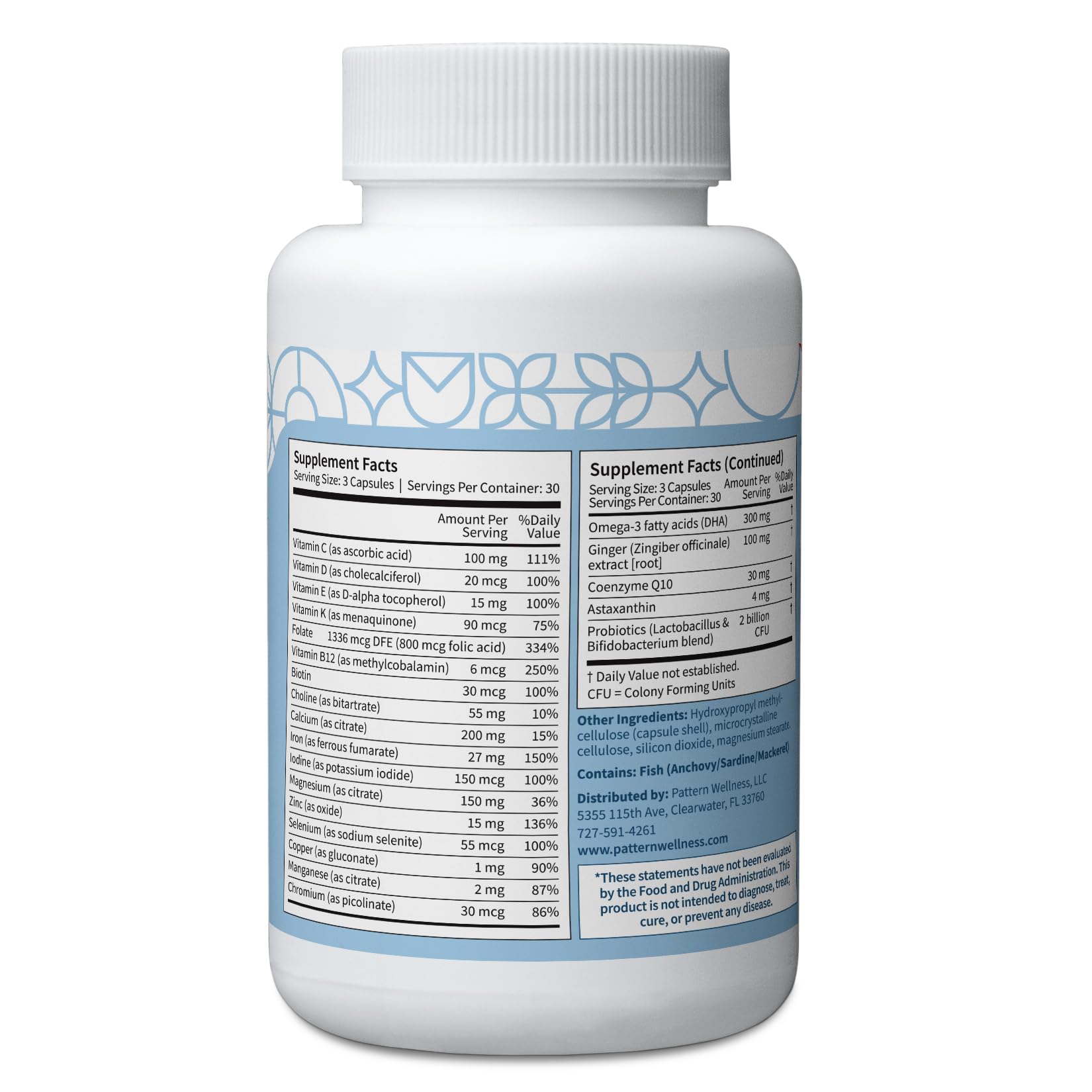 Pattern Wellness Prenatal Vitamins capsules on a wooden table