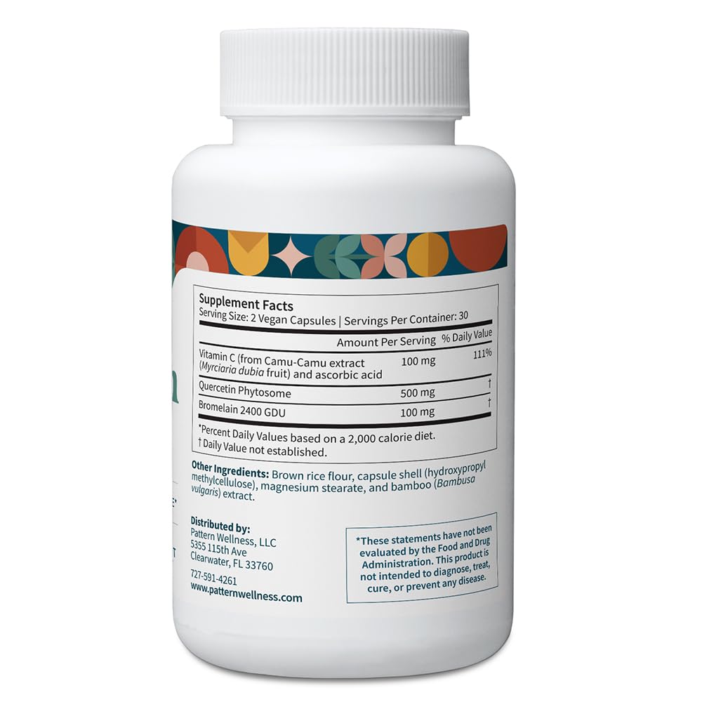 Pattern Wellness Quercetin with Bromelain capsules on a wooden surface