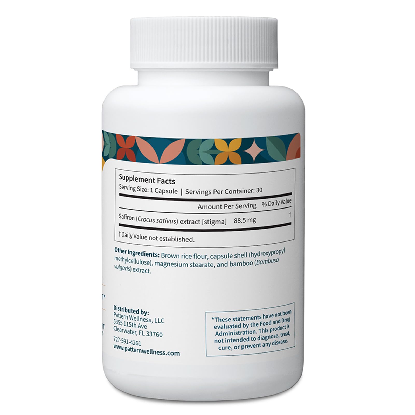 Pattern Wellness Saffron Extract Capsules 88.5mg label close-up