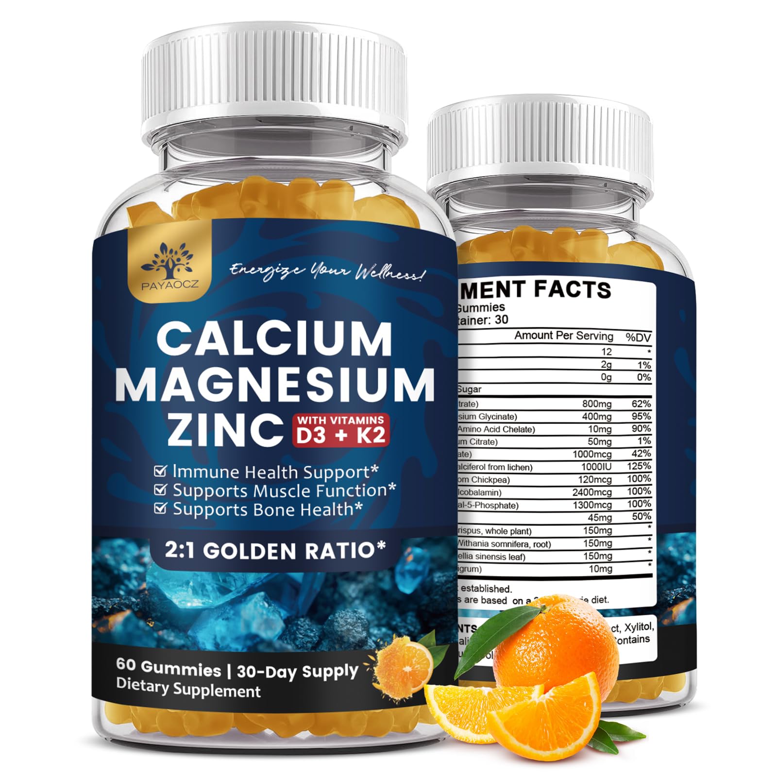 PAYAOCZ Calcium Magnesium Zinc Gummies front view with packaging