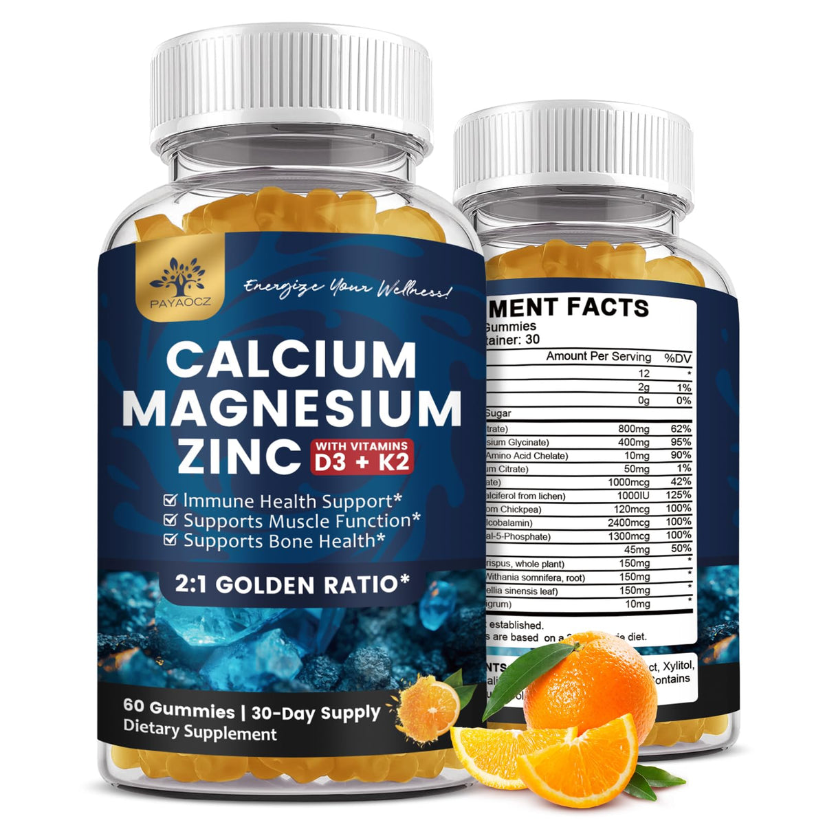 PAYAOCZ Calcium Magnesium Zinc Gummies front view with packaging