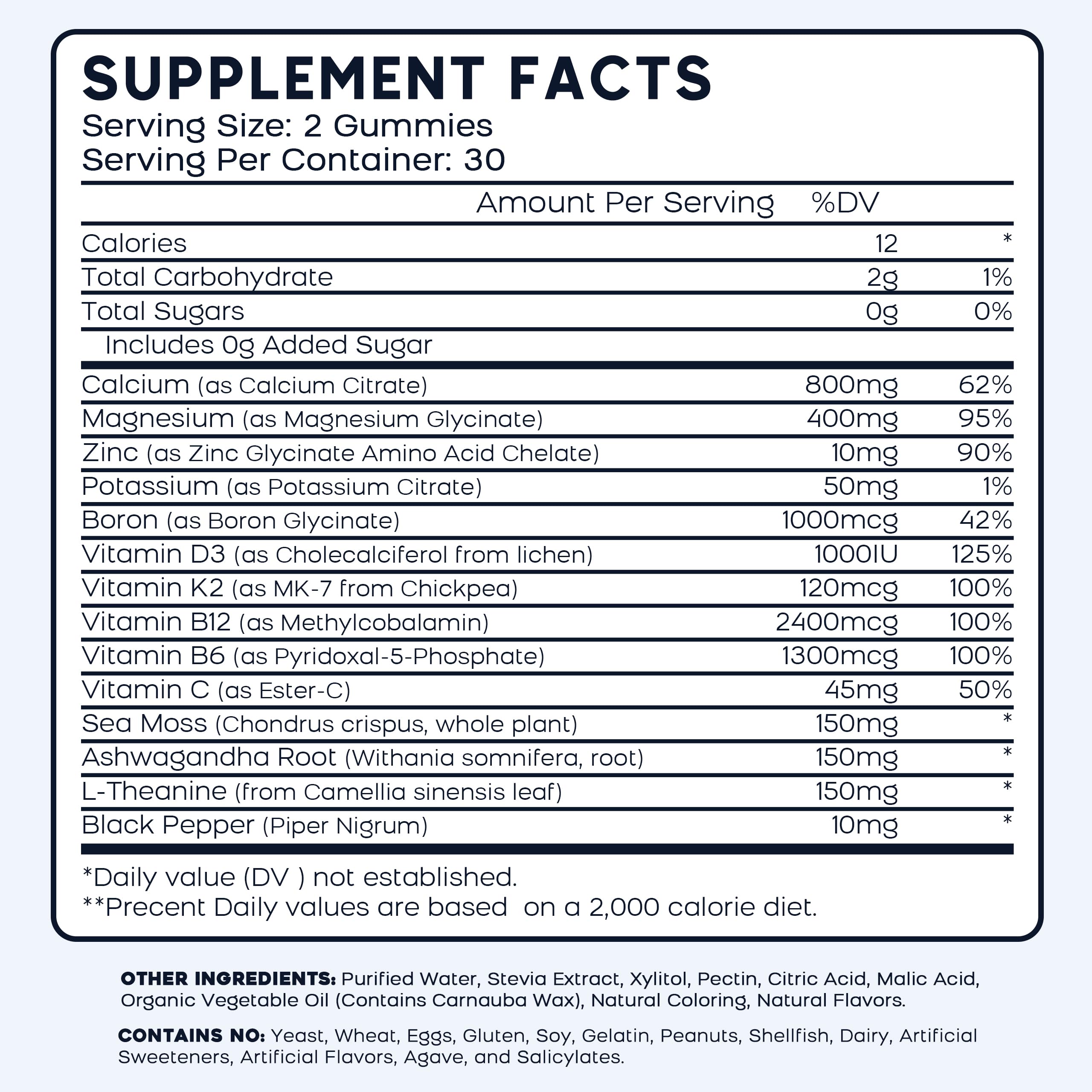 PAYAOCZ Calcium Magnesium Zinc Gummies showing the nutritional information