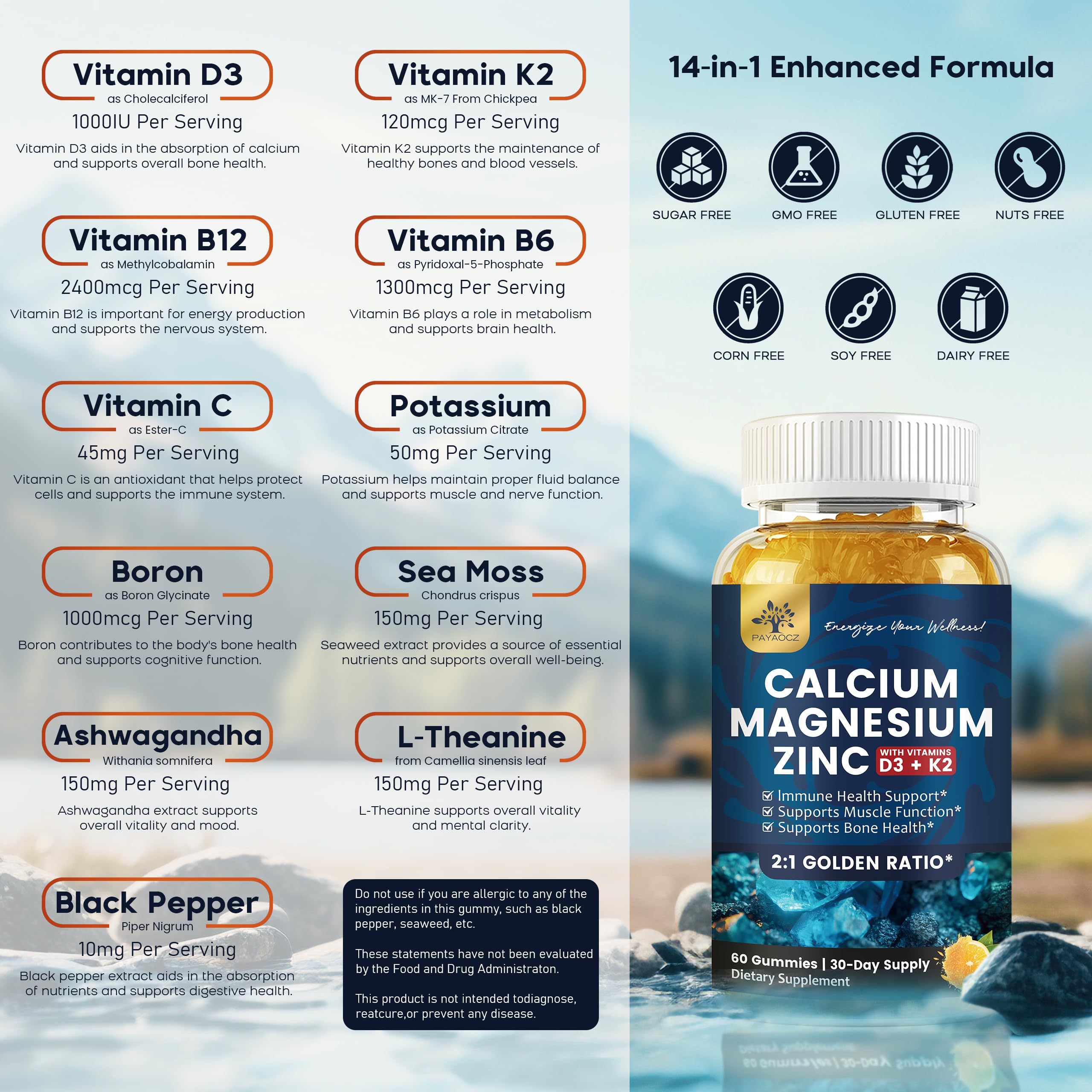 PAYAOCZ Calcium Magnesium Zinc Gummies with a hand holding a gummy
