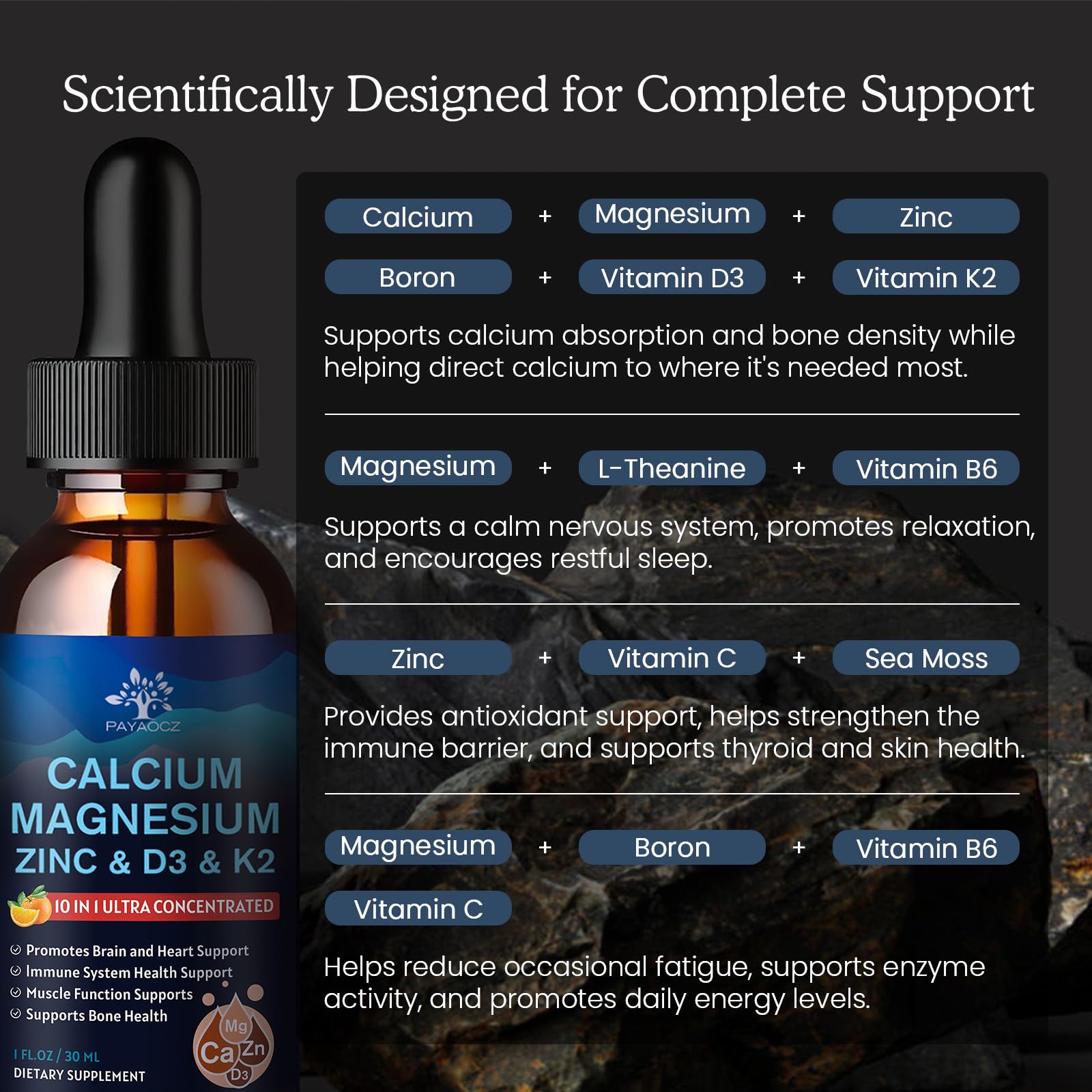 PAYAOCZ Calcium Magnesium Zinc Liquid Supplement placed next to a glass of water