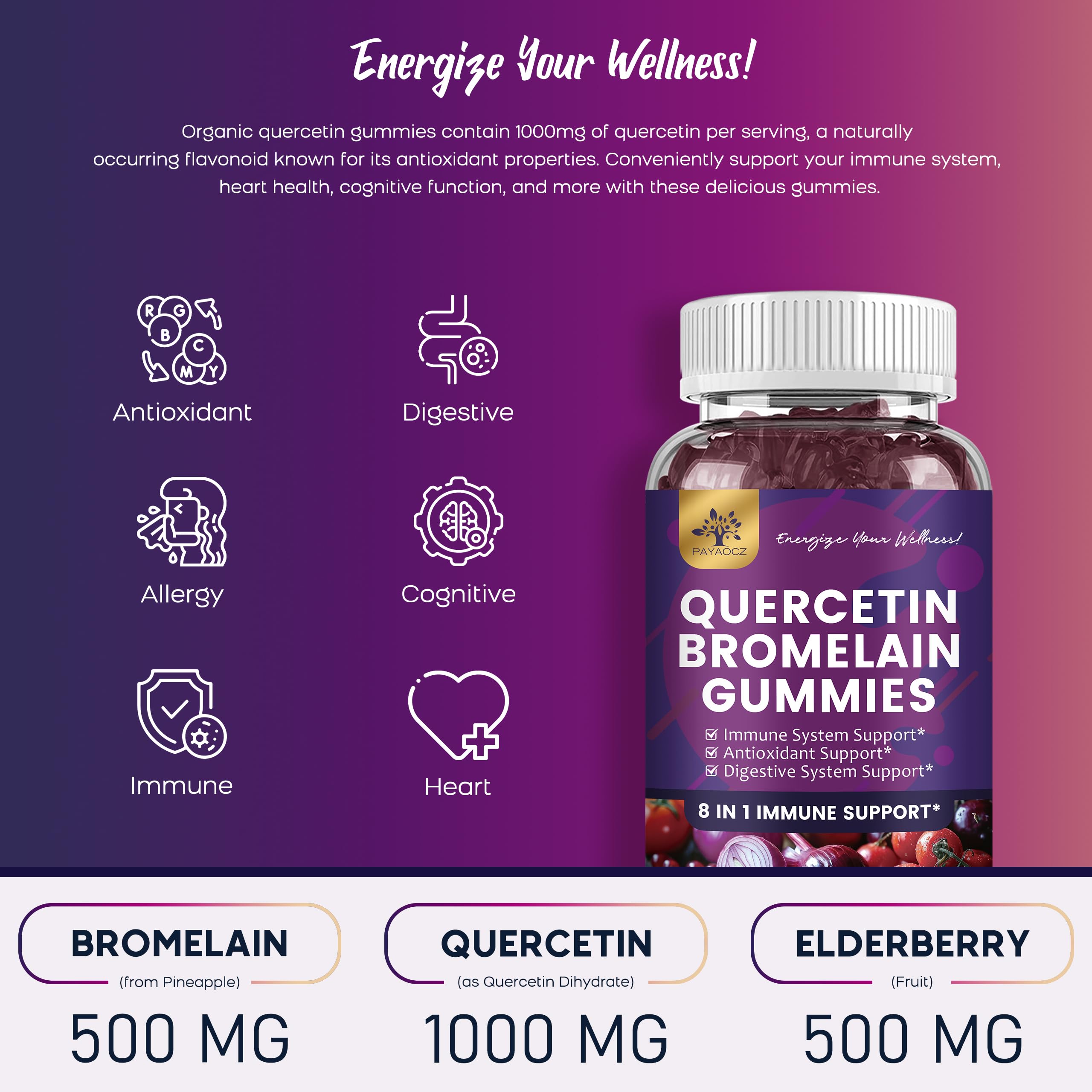 PAYAOCZ Organic Quercetin Gummies packaging side view