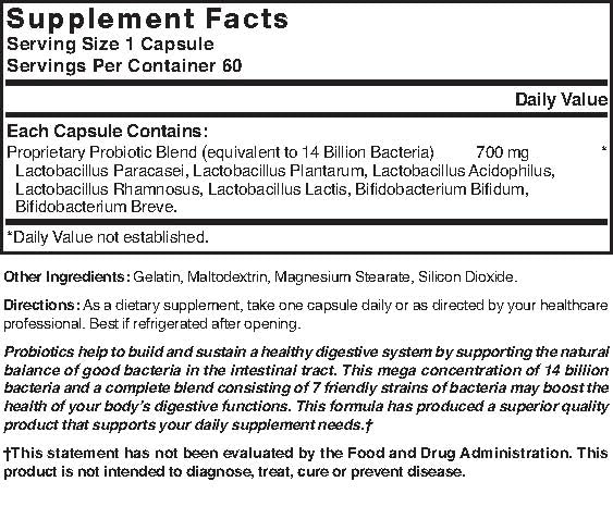 PDTXCLS Mega Probiotic Capsules 30 count back view with ingredients