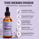 peace. love.. Sleepy Liquid Supplement 2fl oz bottle side view