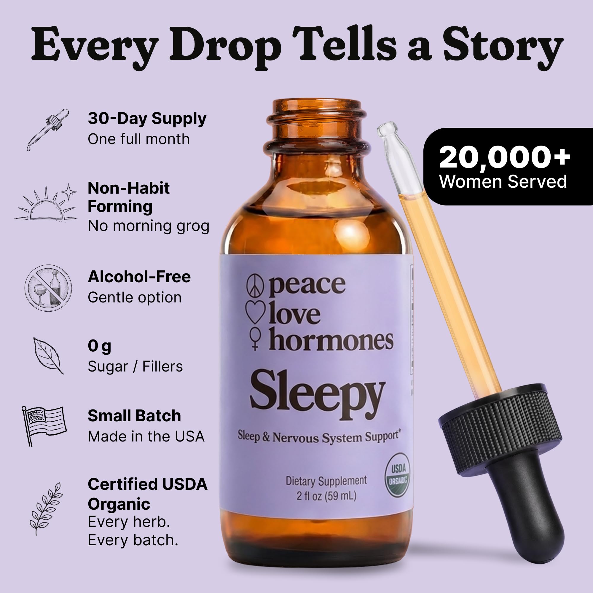 peace. love.. Sleepy Liquid Supplement 2fl oz on a wooden table