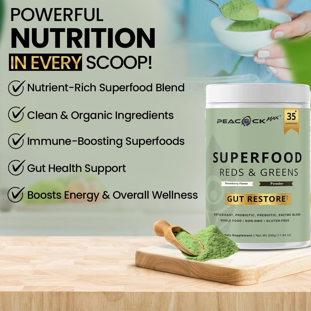 Peacock Max Superfood Reds & Greens Prebiotic Powder side view of container