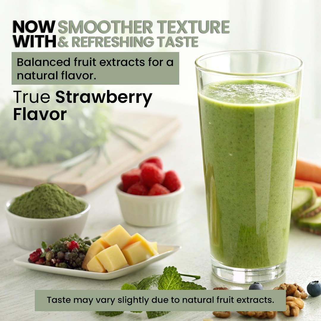 Peacock Max Superfood Reds & Greens Prebiotic Powder with fresh strawberries