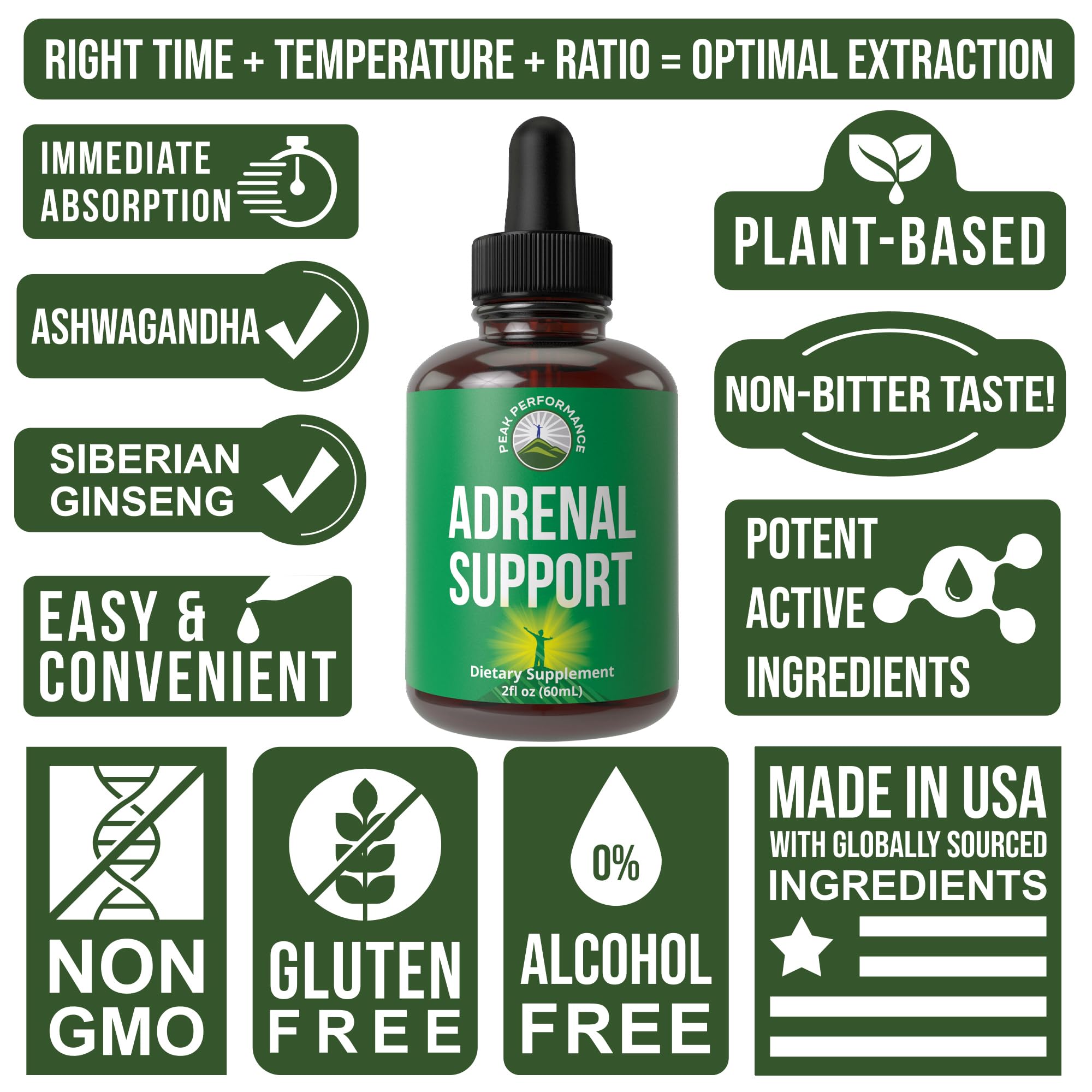 Peak Performance Adrenal Support Liquid Drops 132g on a wooden table