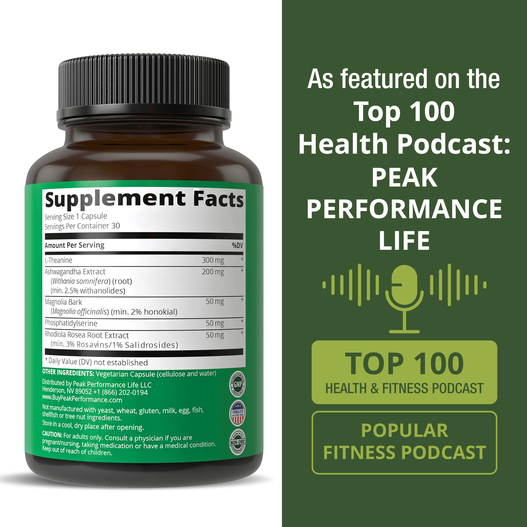 Peak Performance Ashwagandha supplement on a wooden table