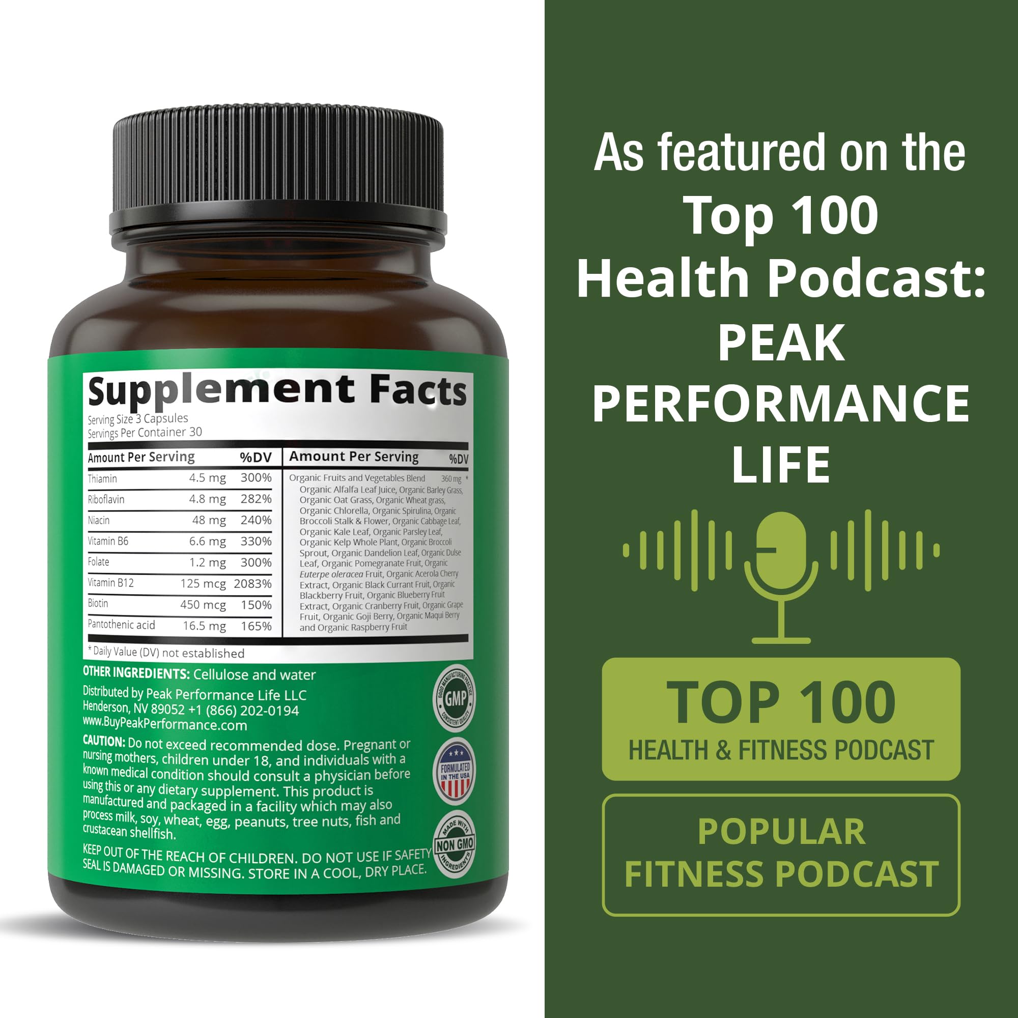 Peak Performance B Complex 100g on a wooden table