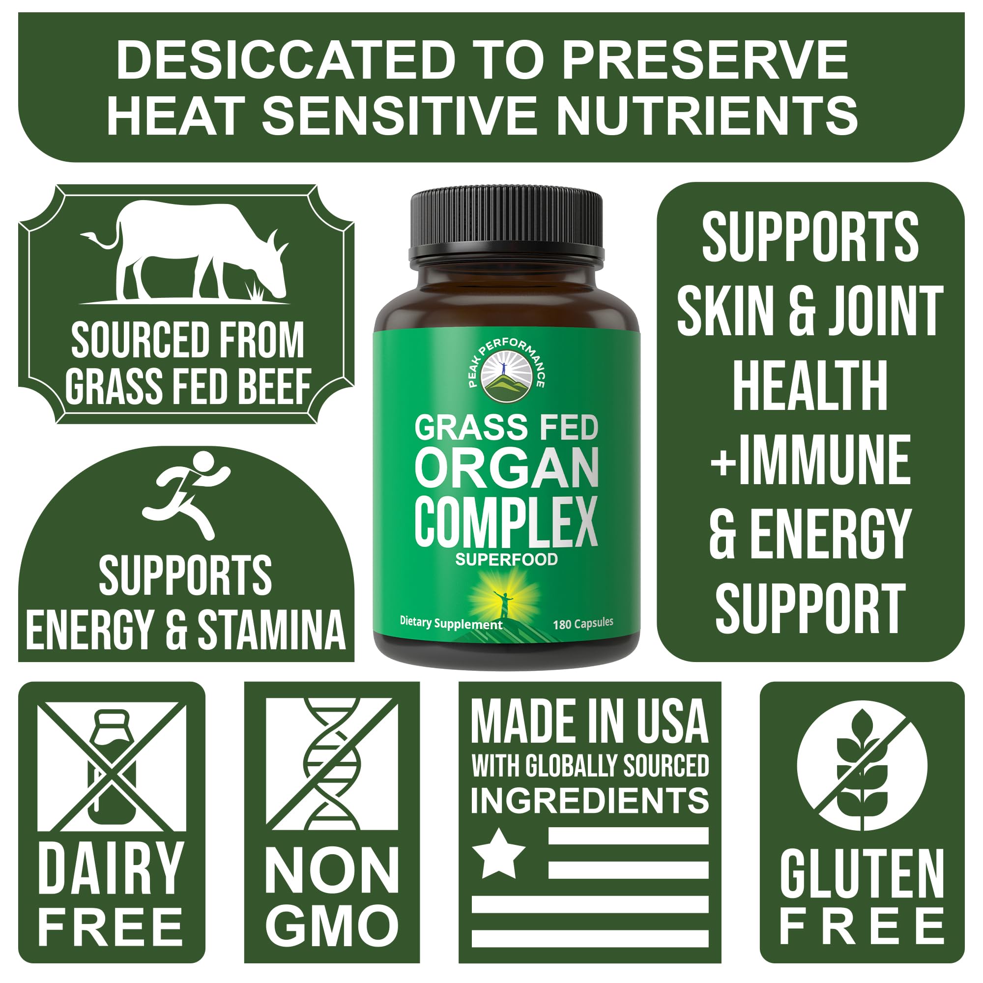 Peak Performance Beef Organ Capsules opened bottle with capsules visible