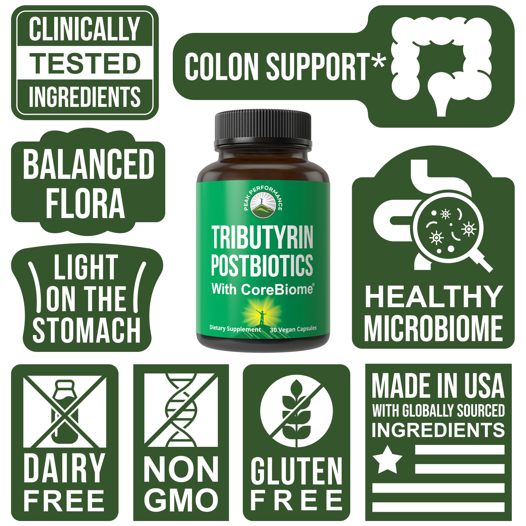 Peak Performance CoreBiome Tributyrin Postbiotic Capsules with other supplements