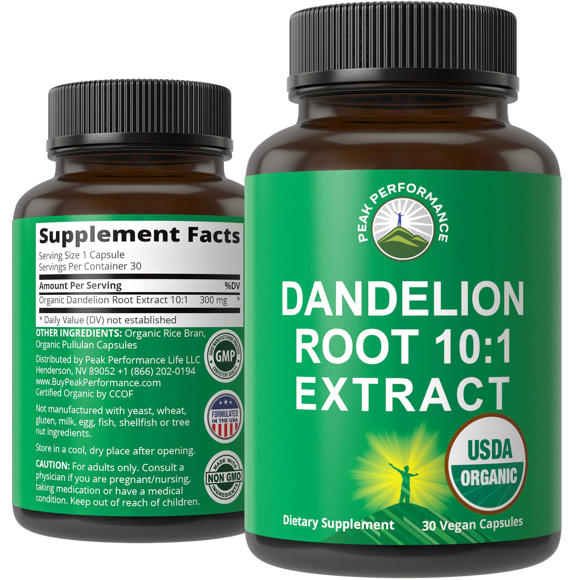 Peak Performance Dandelion Root Extract 10:1 capsules front view