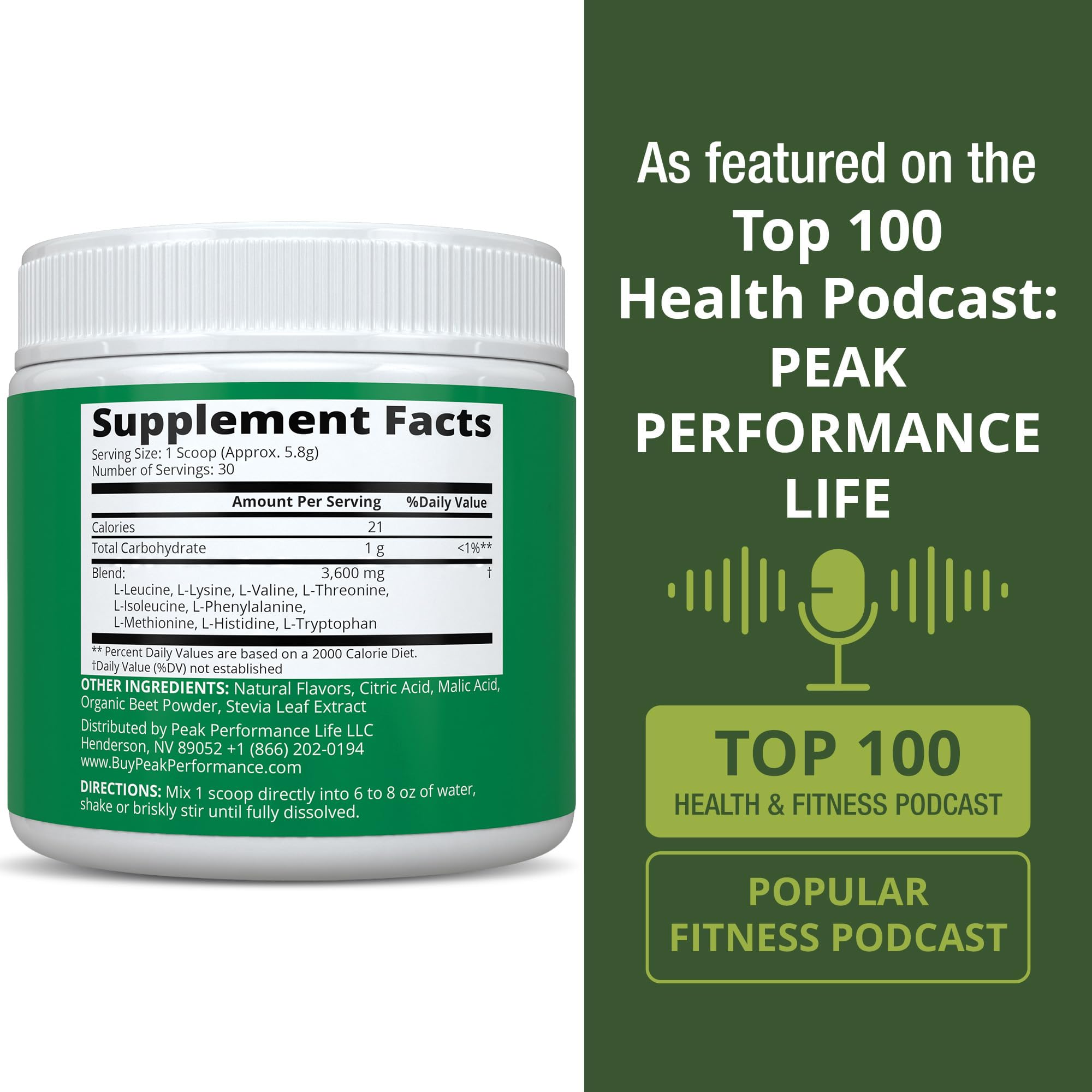 Peak Performance EAA Amino Acids Supplement 231g ingredients list