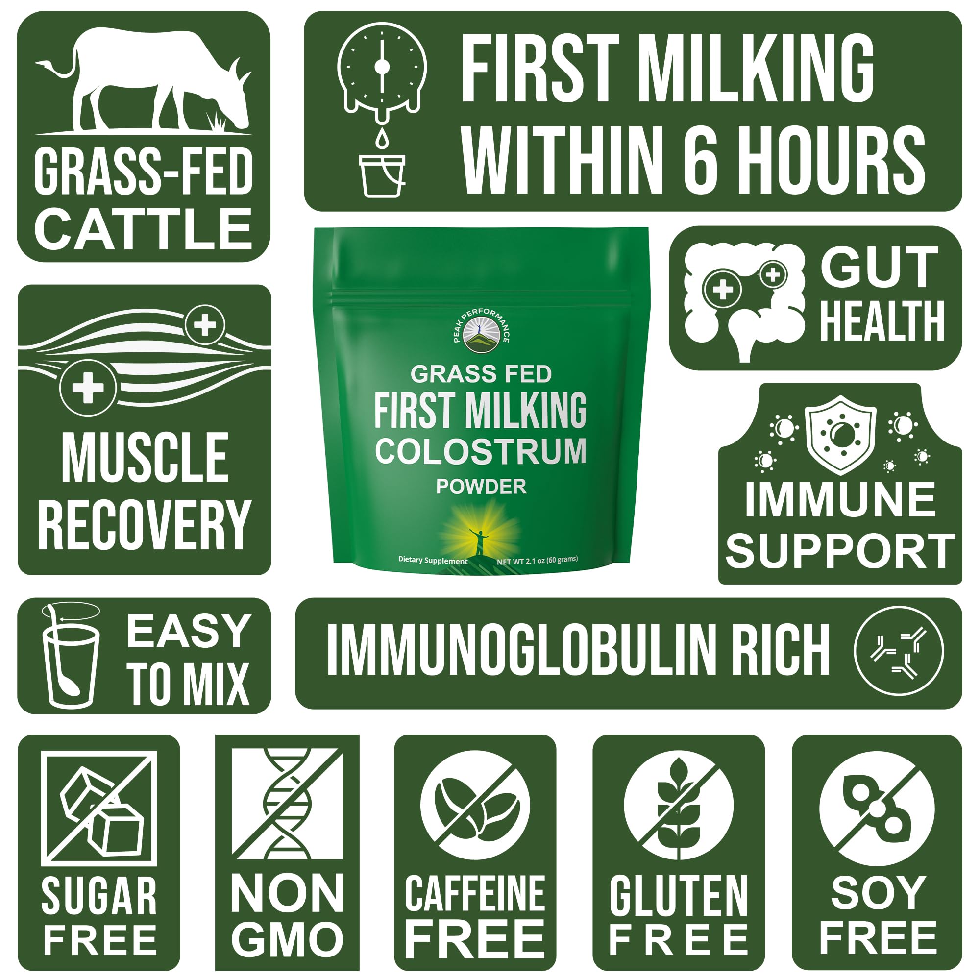 Peak Performance First Milking Colostrum Powder on a kitchen counter