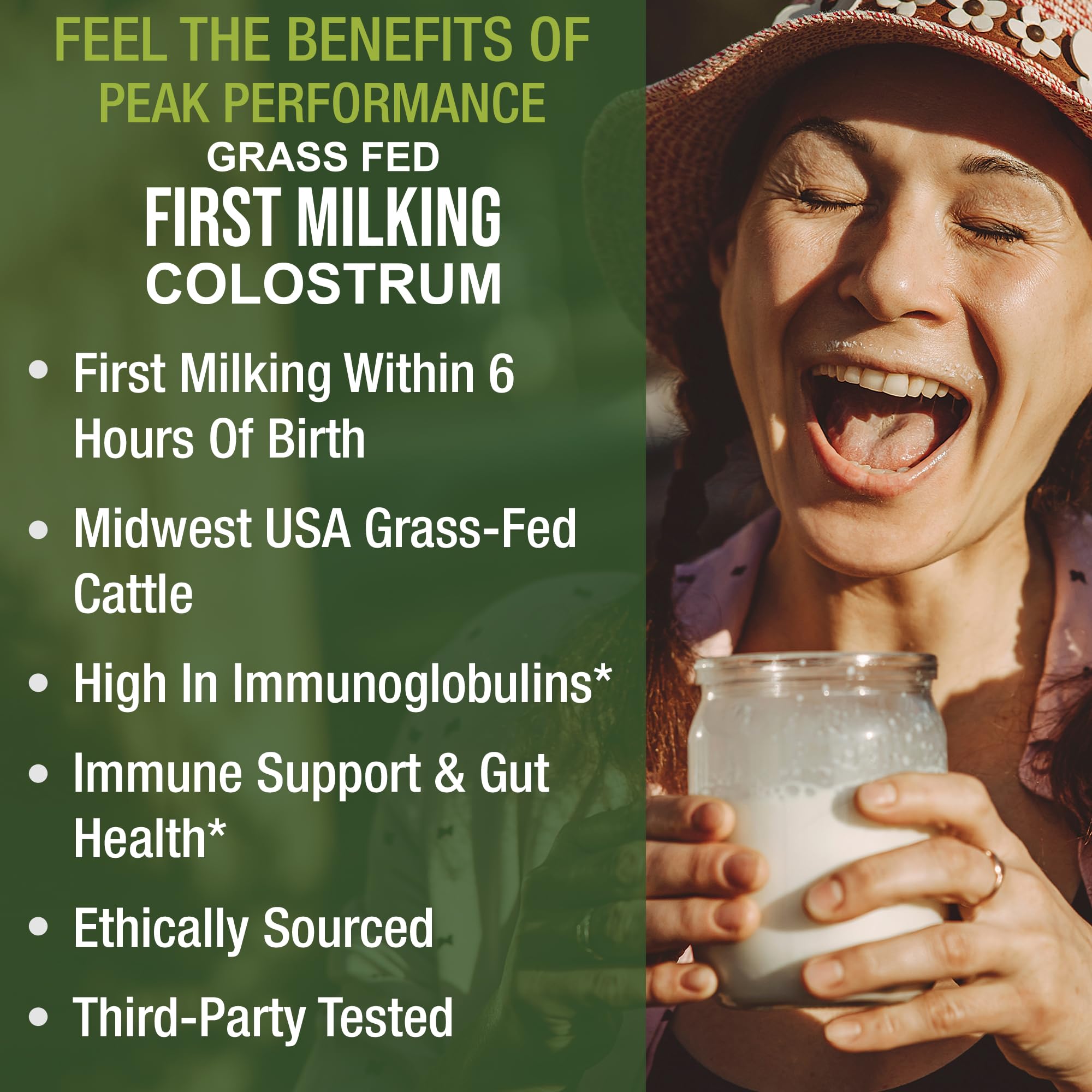 Peak Performance First Milking Colostrum Powder with measuring spoon