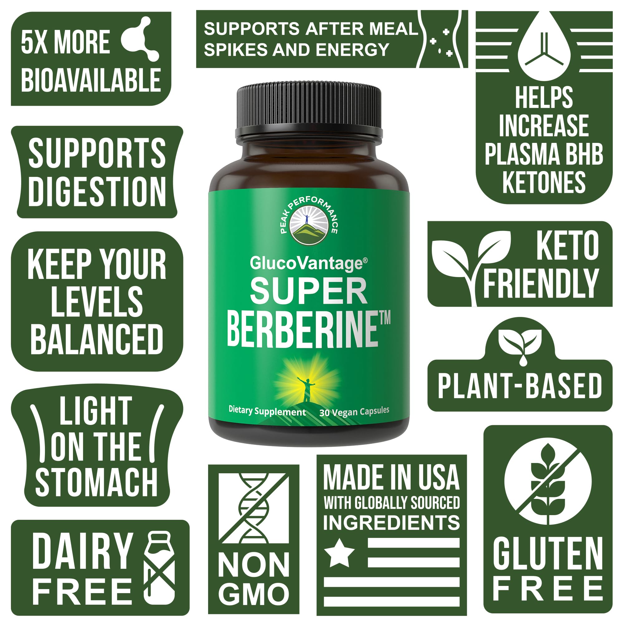Peak Performance GlucoVantage Super Berberine 200mg capsules packaging