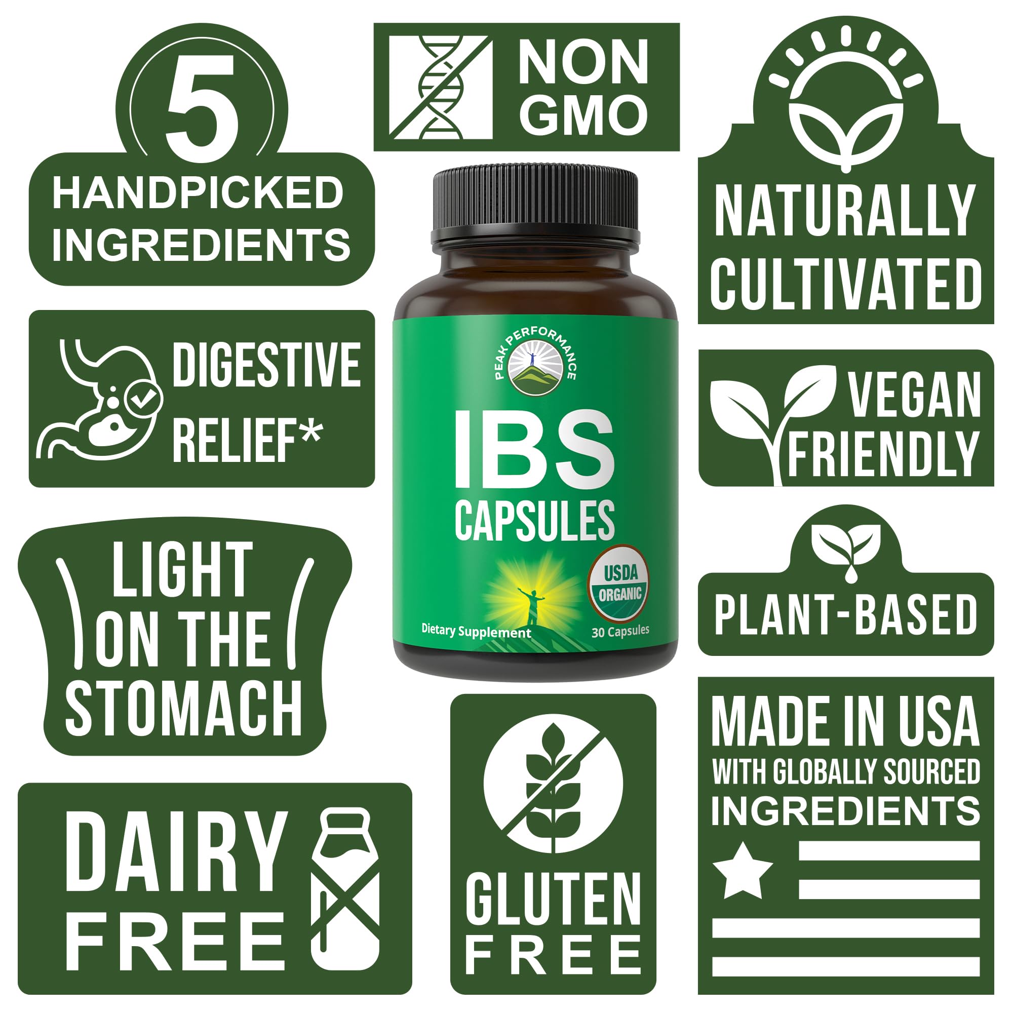 Peak Performance IBS Capsules with Vitamin Angels badge