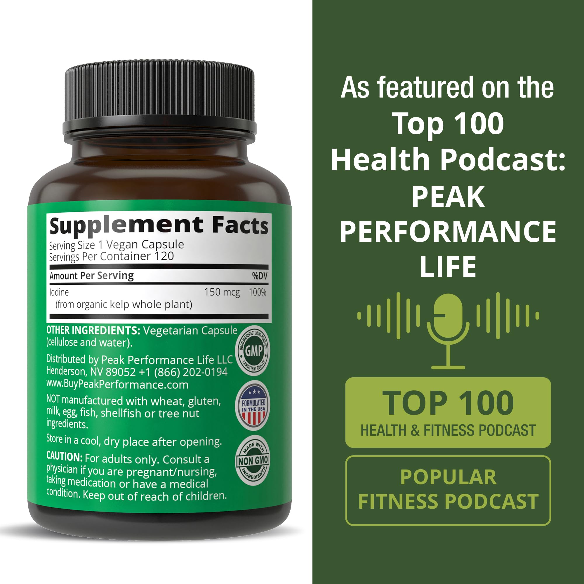 Peak Performance Iodine Supplement displayed with a glass of water