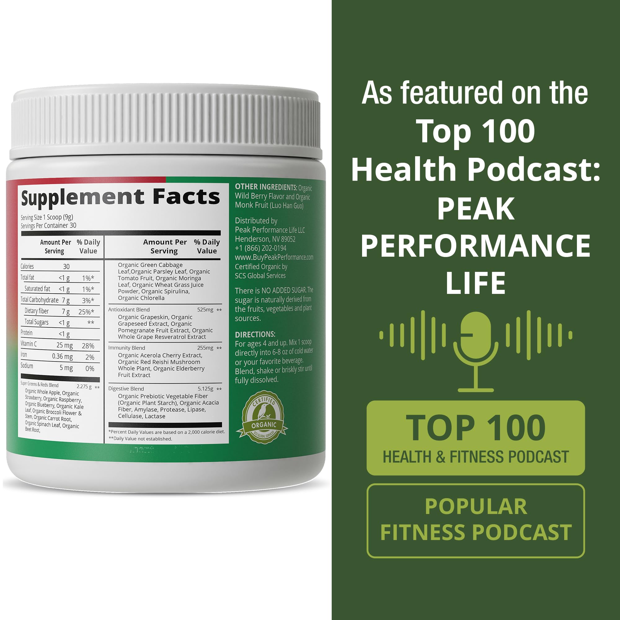 Peak Performance Kids Greens + Reds Supplement nutritional information