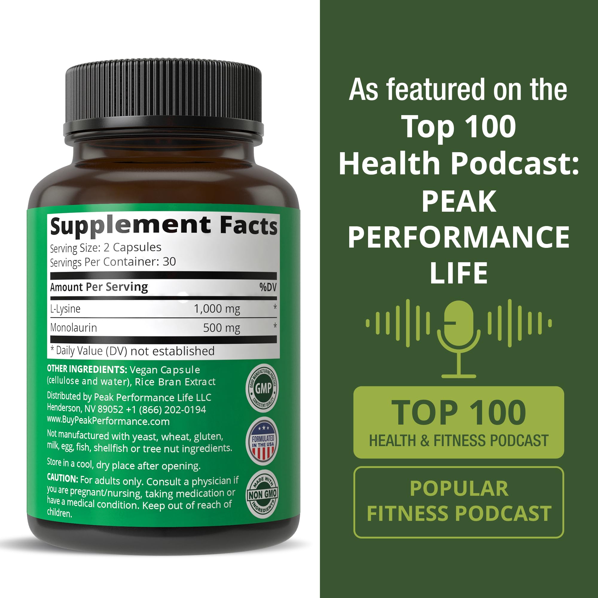 Peak Performance L-Lysine 1000mg supplement on a wooden table