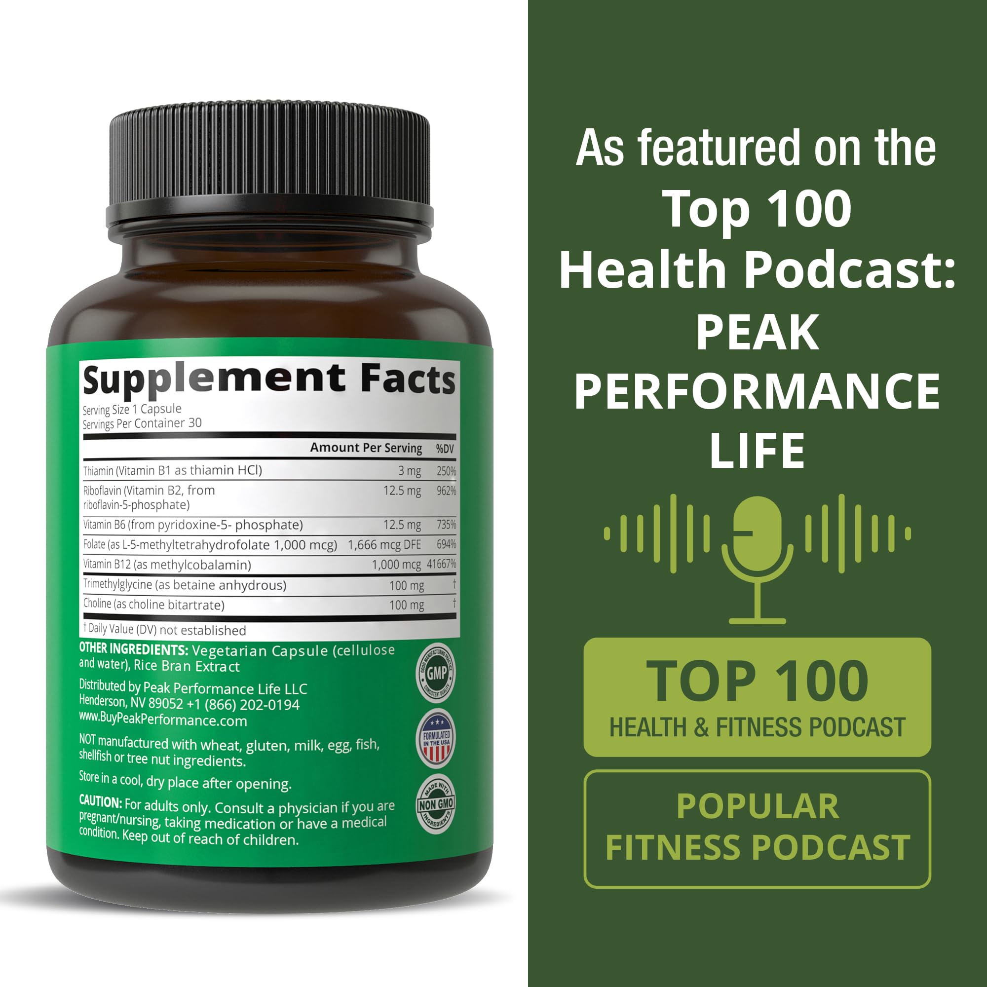 Peak Performance Methylated Multivitamin + B Complex ingredients list