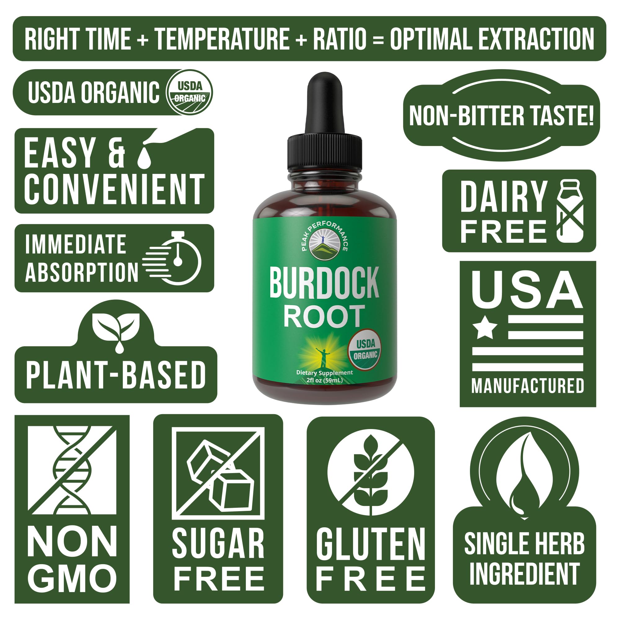 Peak Performance Organic Burdock Root Extract Drops on a kitchen counter