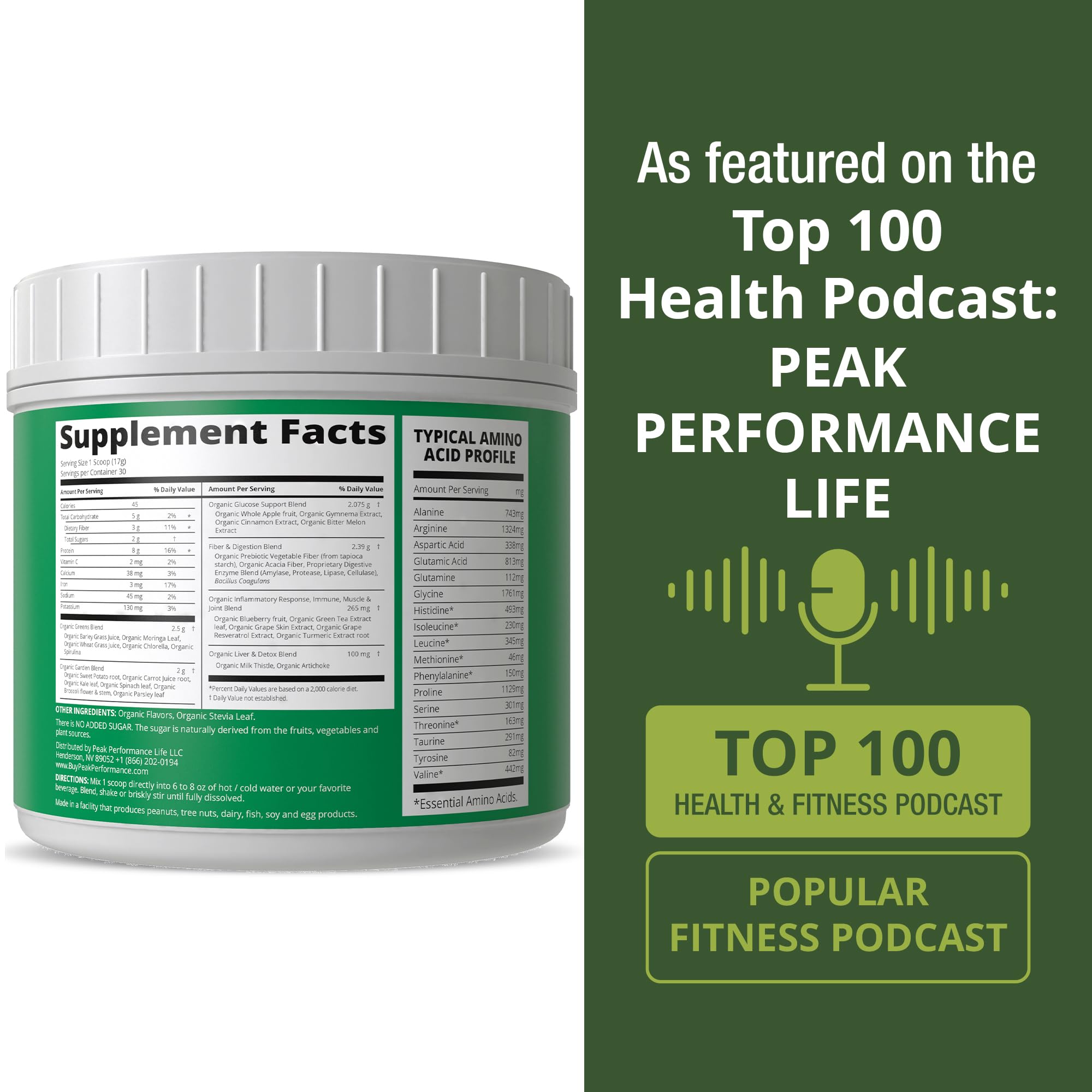 Peak Performance Organic Green Superfood Powder 621g ingredients list