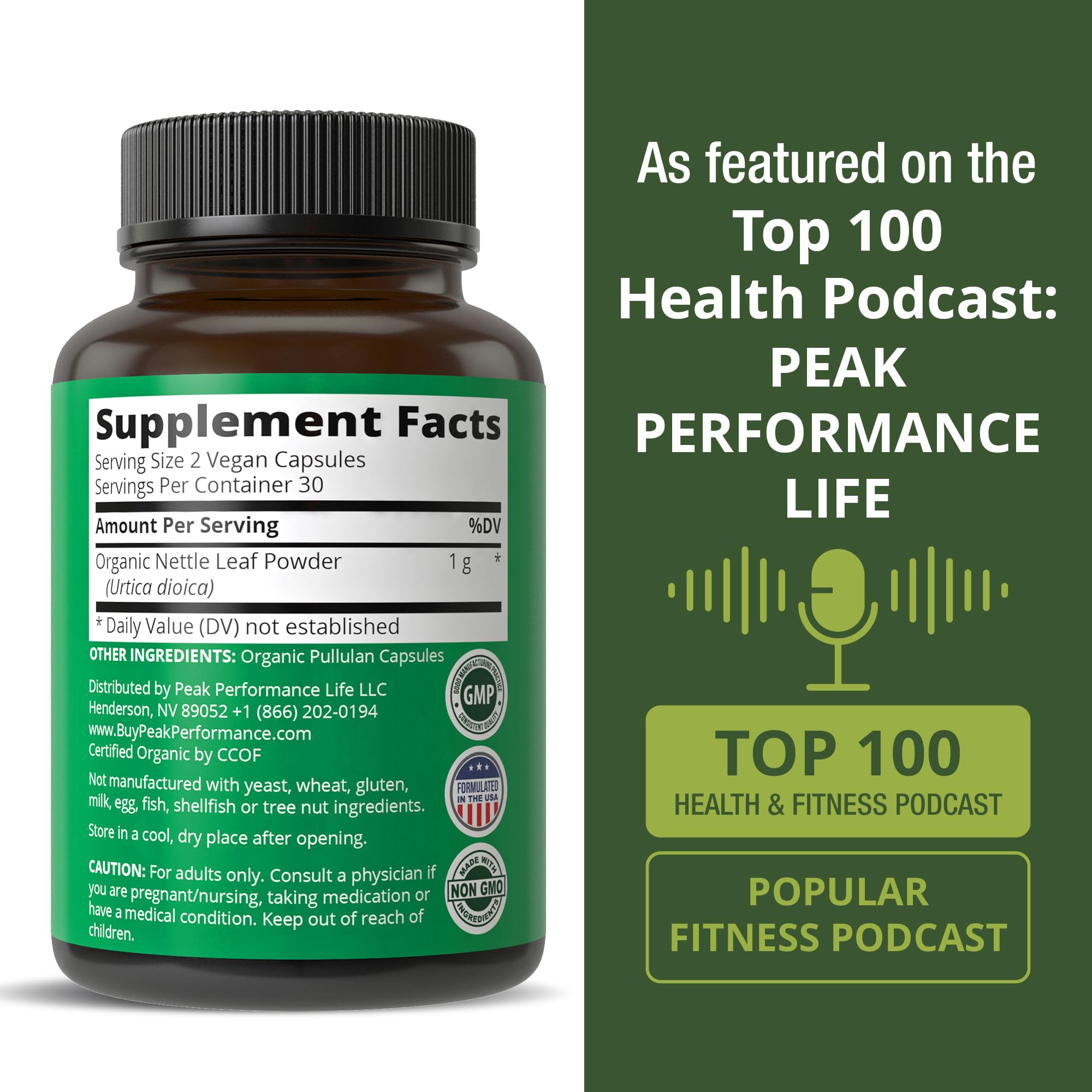 Peak Performance Organic Nettle Capsules in a hand
