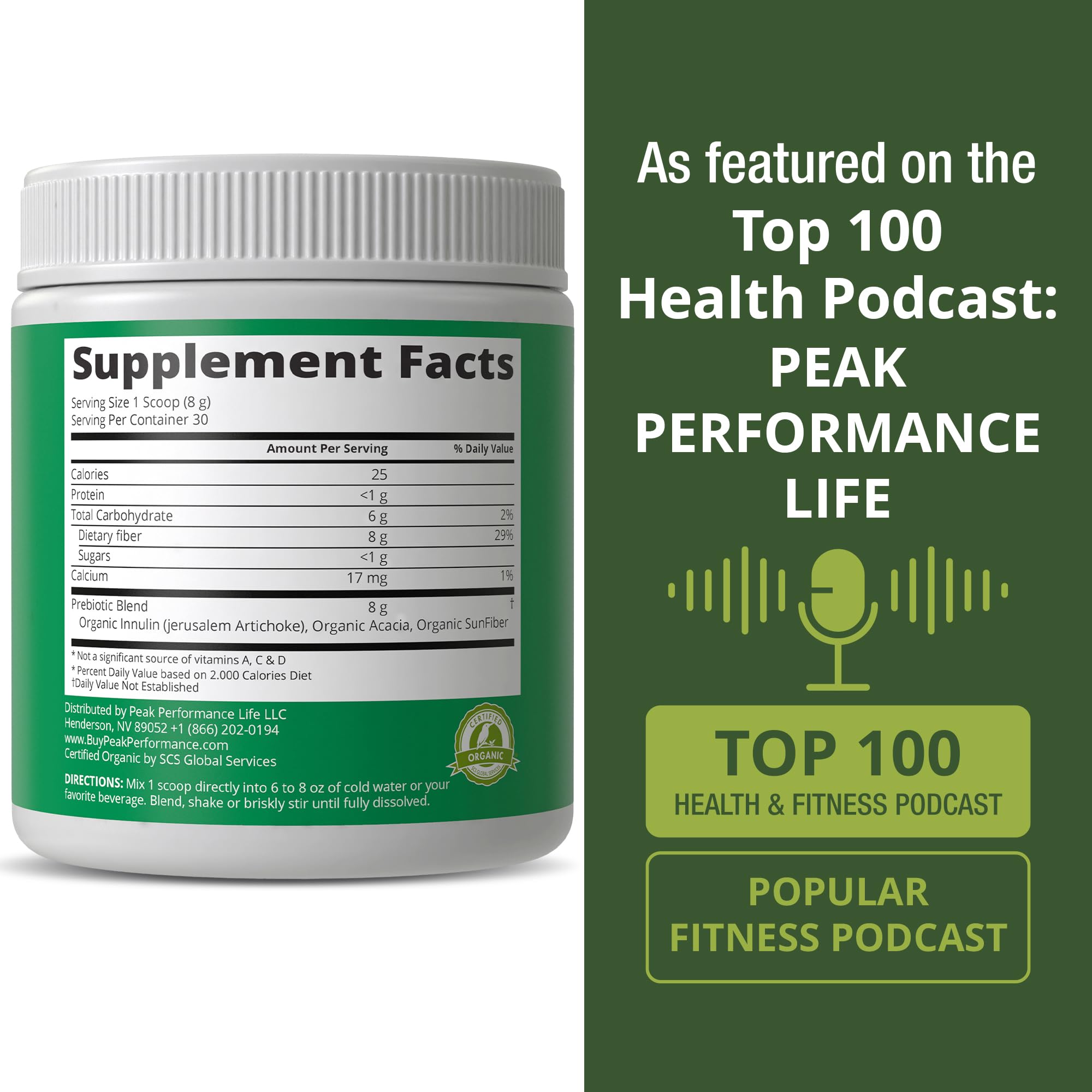 Peak Performance Organic Prebiotic Fiber 322g in a glass of water