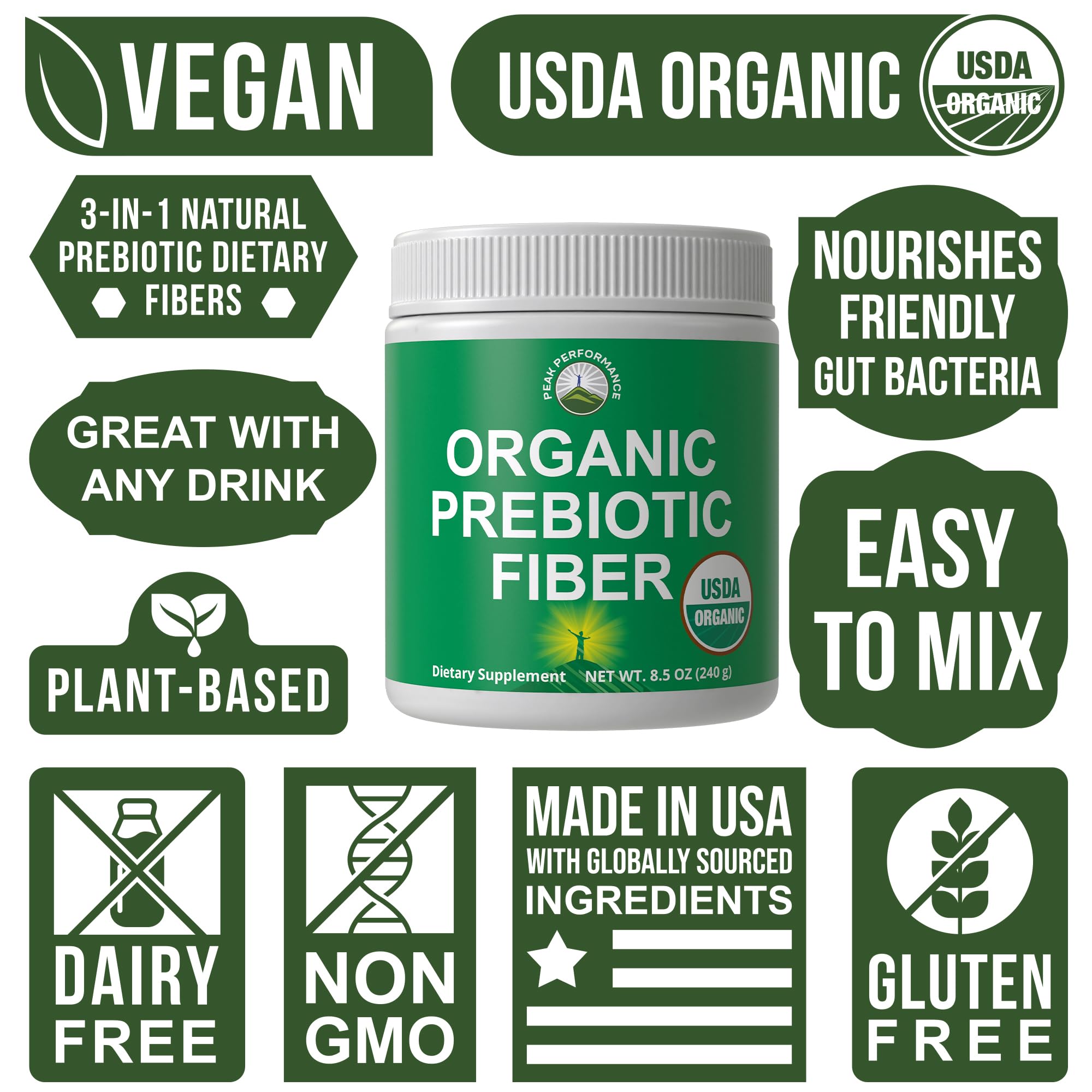 Peak Performance Organic Prebiotic Fiber 322g scoop