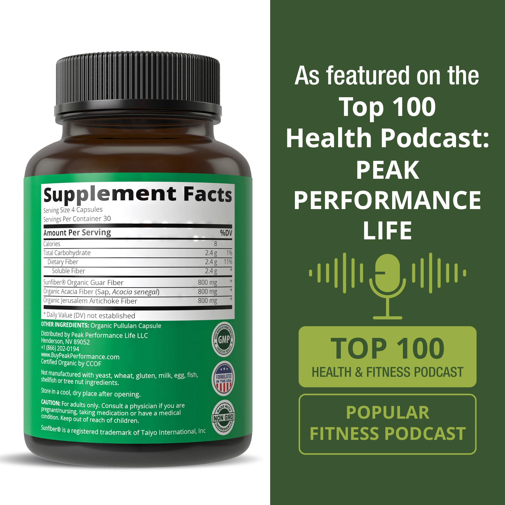 Peak Performance Organic Prebiotic Fiber capsules on a wooden table