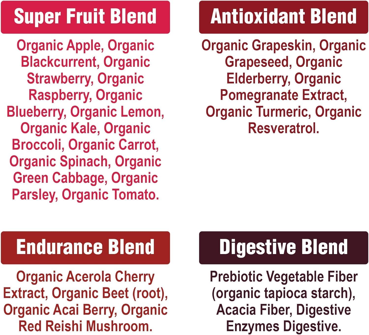 Peak Performance Organic Red Superfood Powder nutritional information