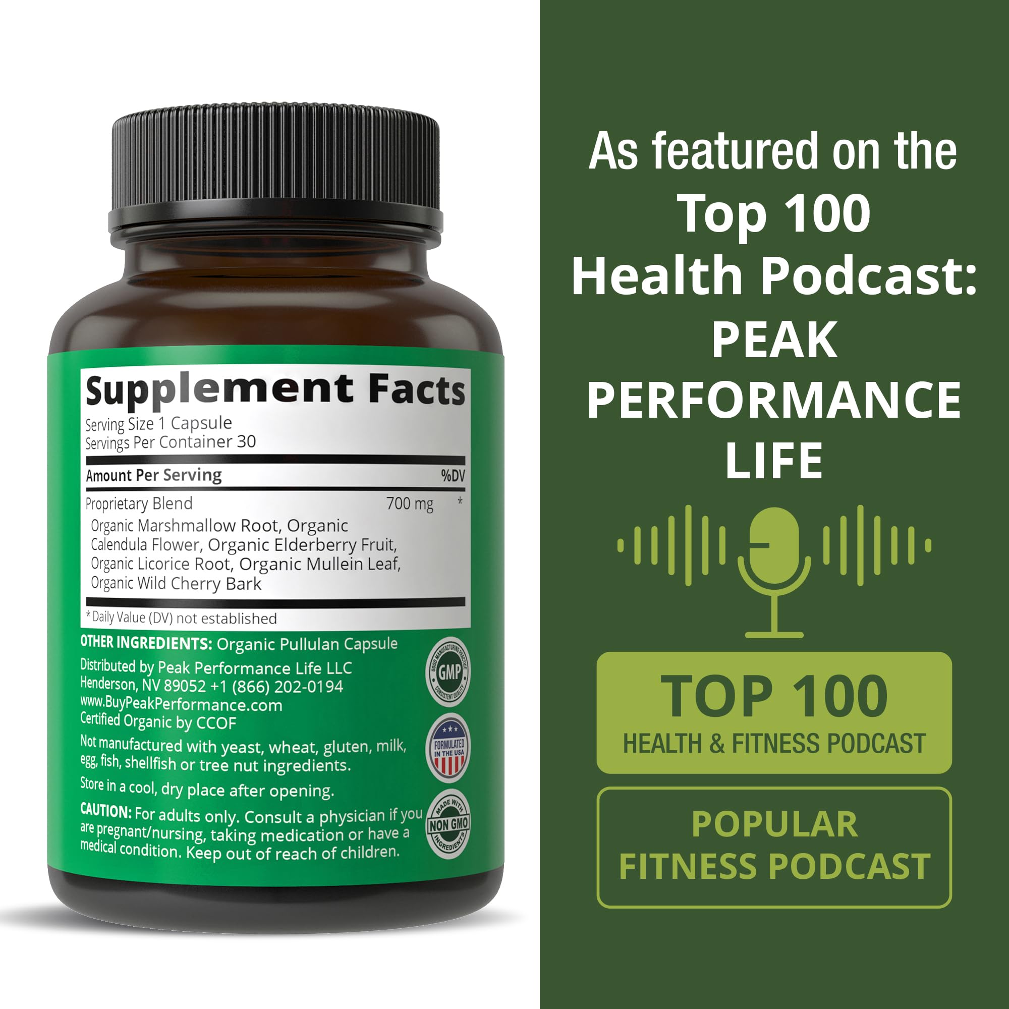 Peak Performance Organic Respiratory Lung Health Capsules on a wooden table