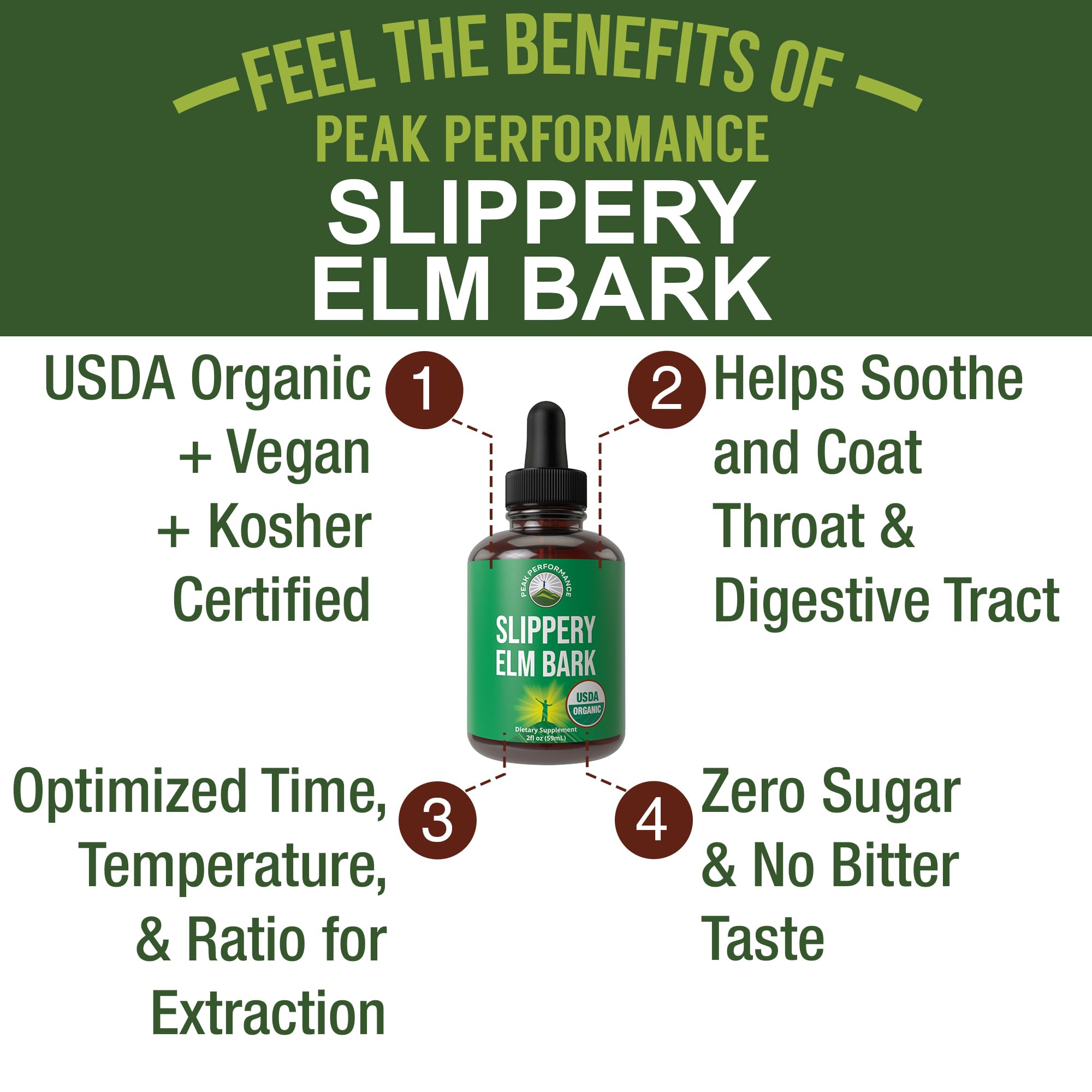 Peak Performance Organic Slippery Elm Liquid Drops label close-up