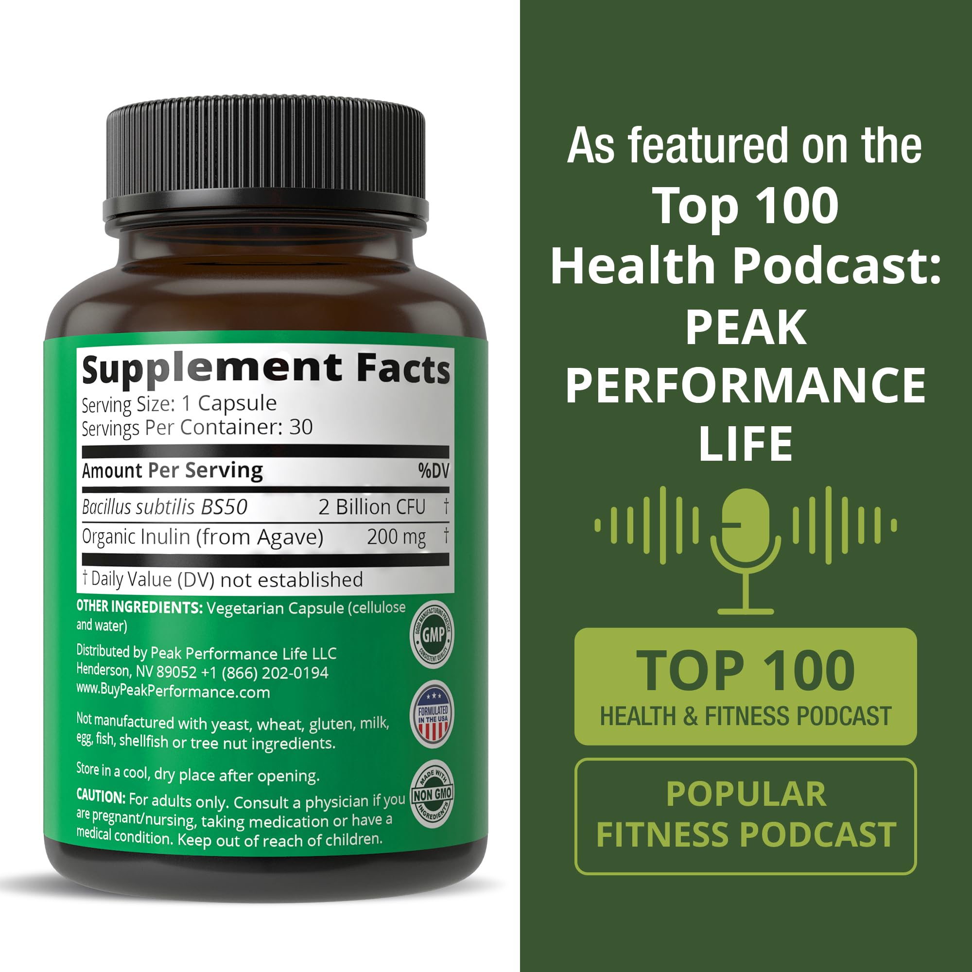 Peak Performance Probiotic Supplement bottle back view