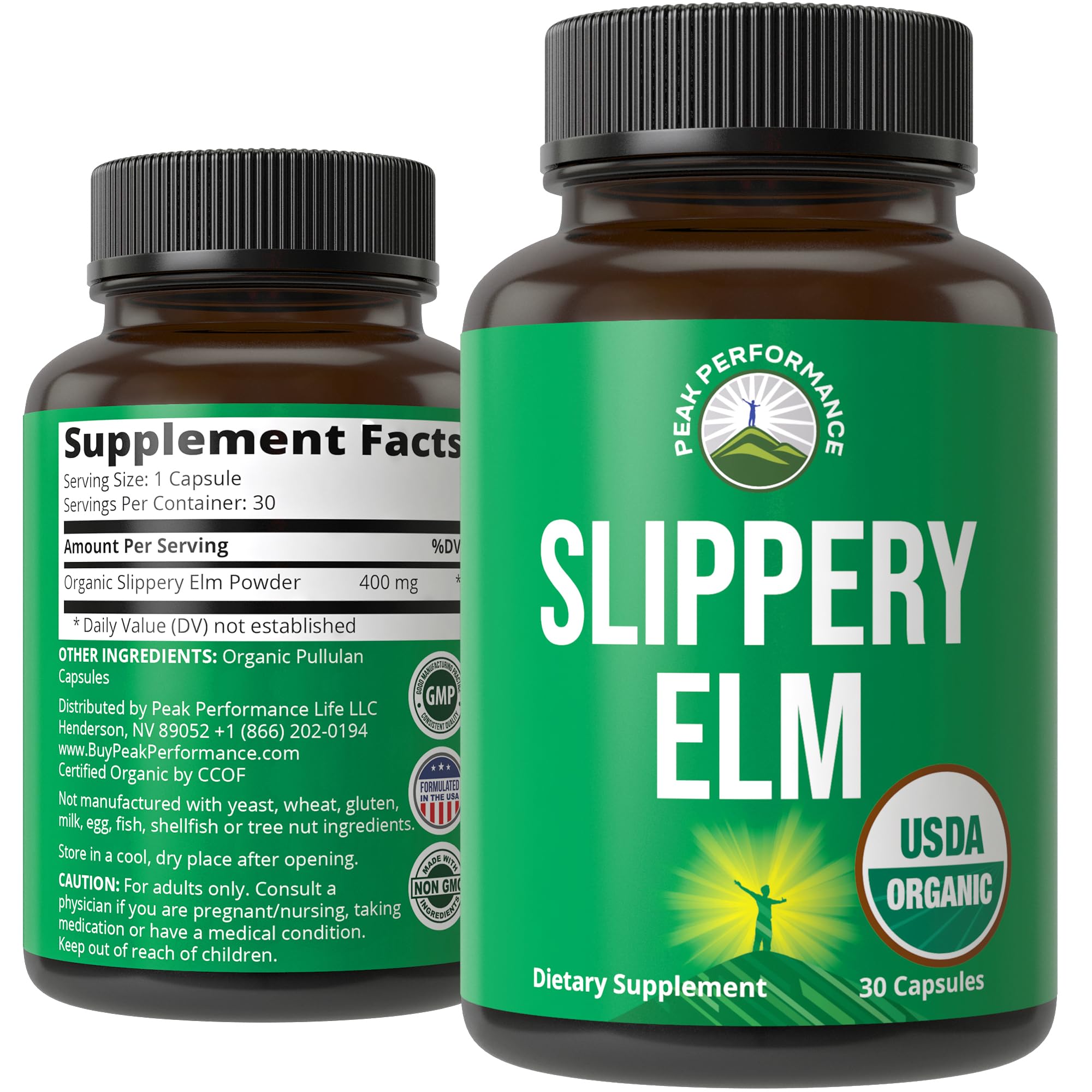 Peak Performance Slippery Elm Bark Capsules bottle front view