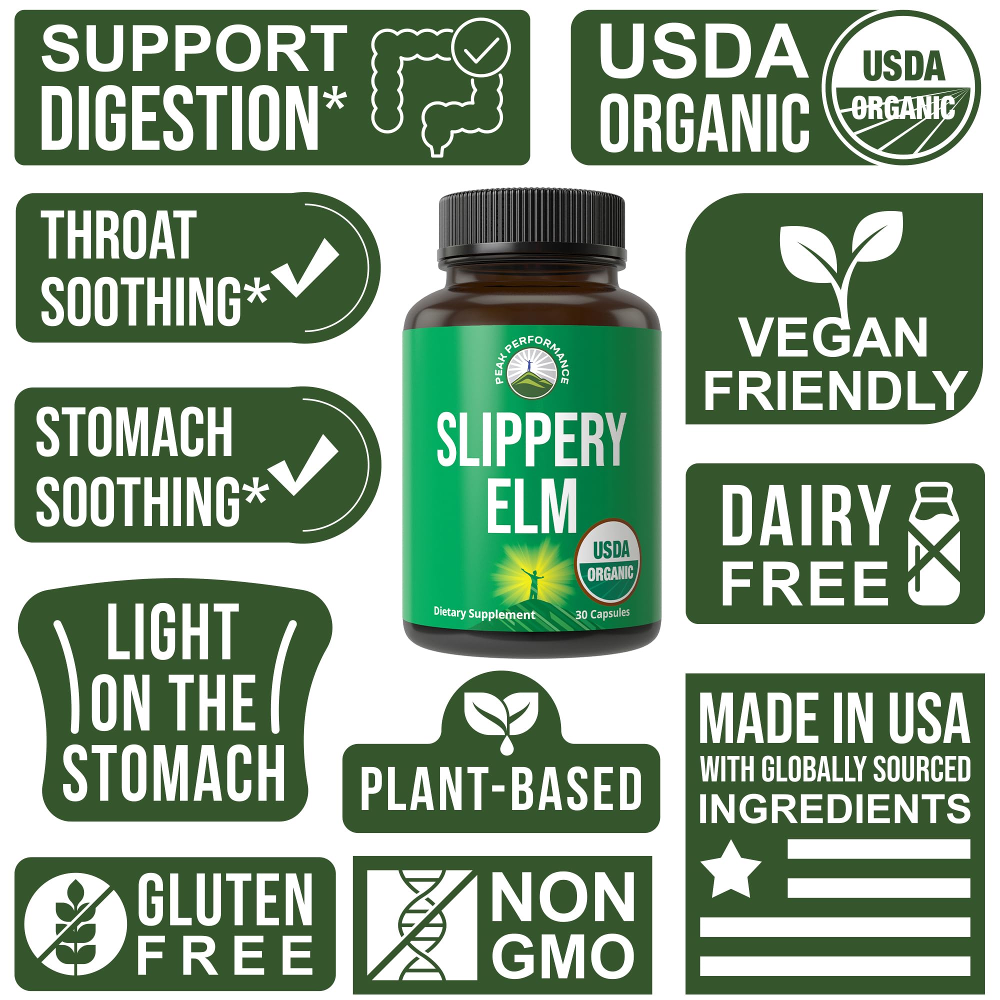 Peak Performance Slippery Elm Bark Capsules open bottle with capsules visible